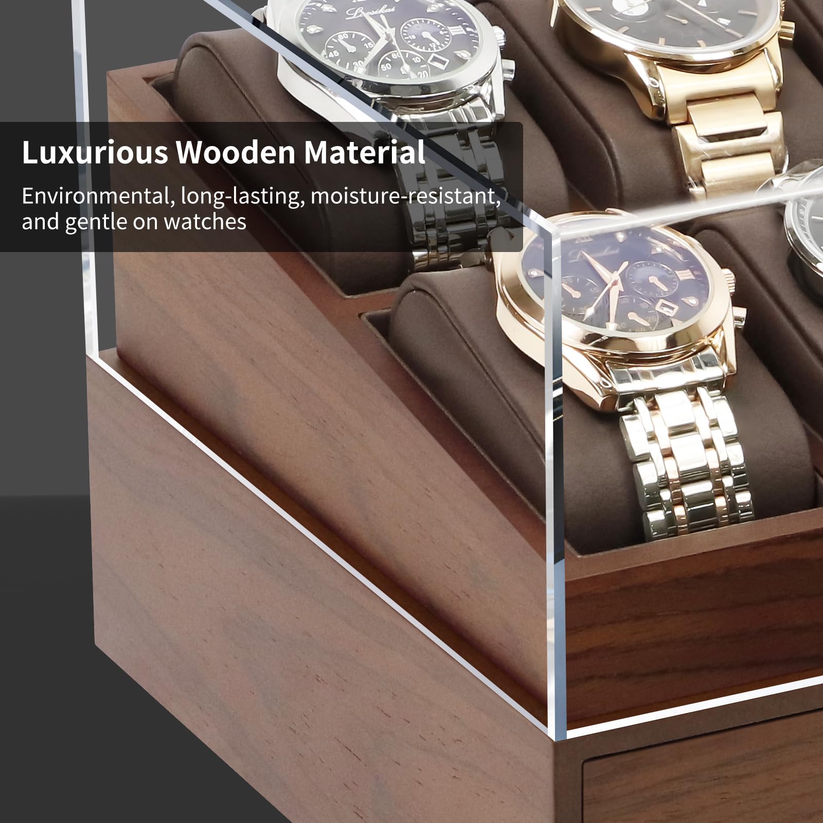 KAMIER Uhrenbox 10 Uhren für Herren, Holz Uhren Box mit Schmuckkasten, 2 Stöckige Uhrenaufbewahrungsbox mit Schublade für Ringe, Sonnenbrillen, Elegantes Geschenk für Männer und Frauen– Walnuss