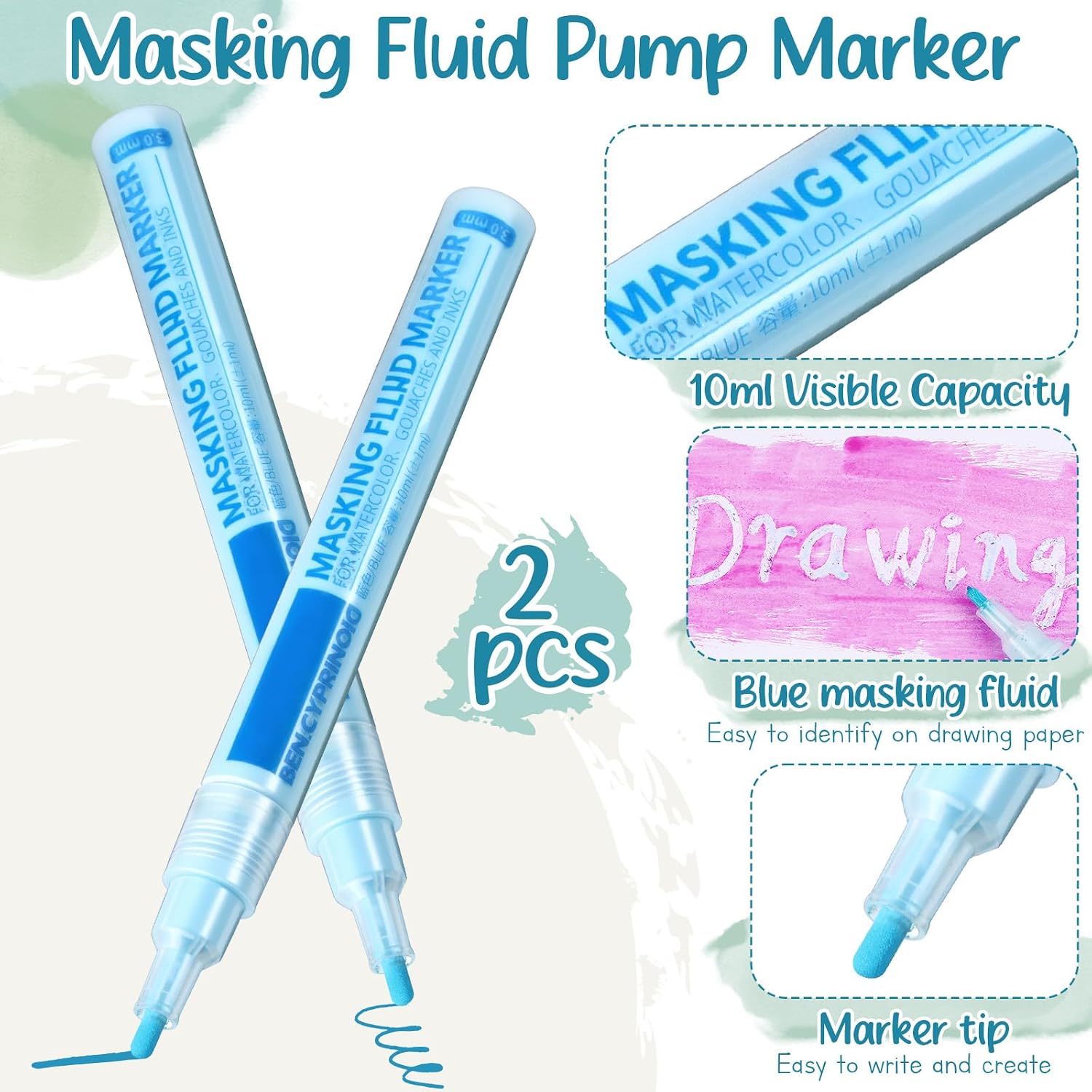 Feifeiya 2 Pcs Masking Fluid Pen for Watercolor Painting, Capacity with Applicator Tip, Masking Fluid Marker for Various Art Projects Watercolor Ink (3mm,Blue)