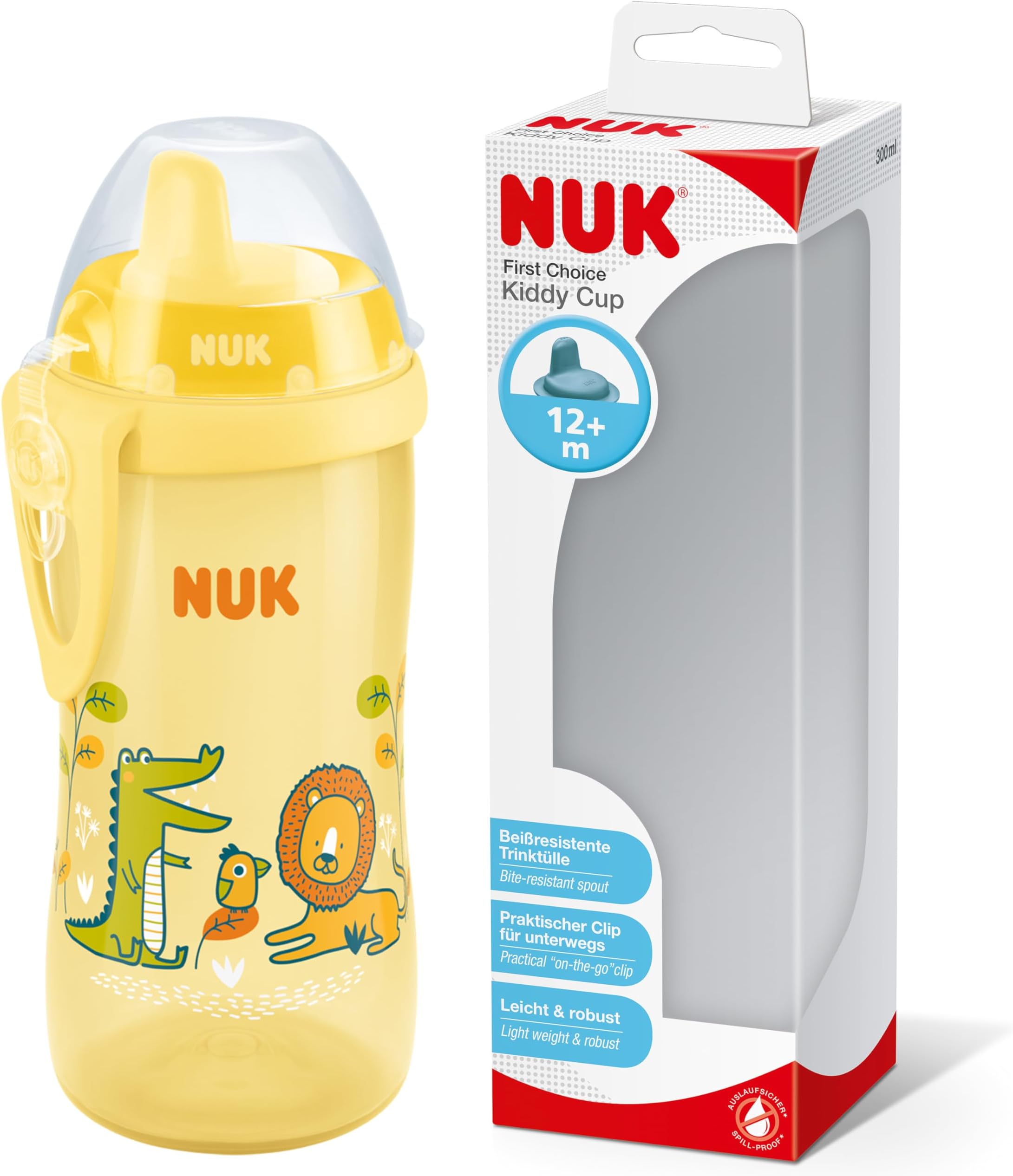 NUK Kiddy Cup Toddler Cup | 12+ Months | 300 ml | Leak-Proof Toughened Spout | Clip & Protective Cap | BPA-Free | Yellow