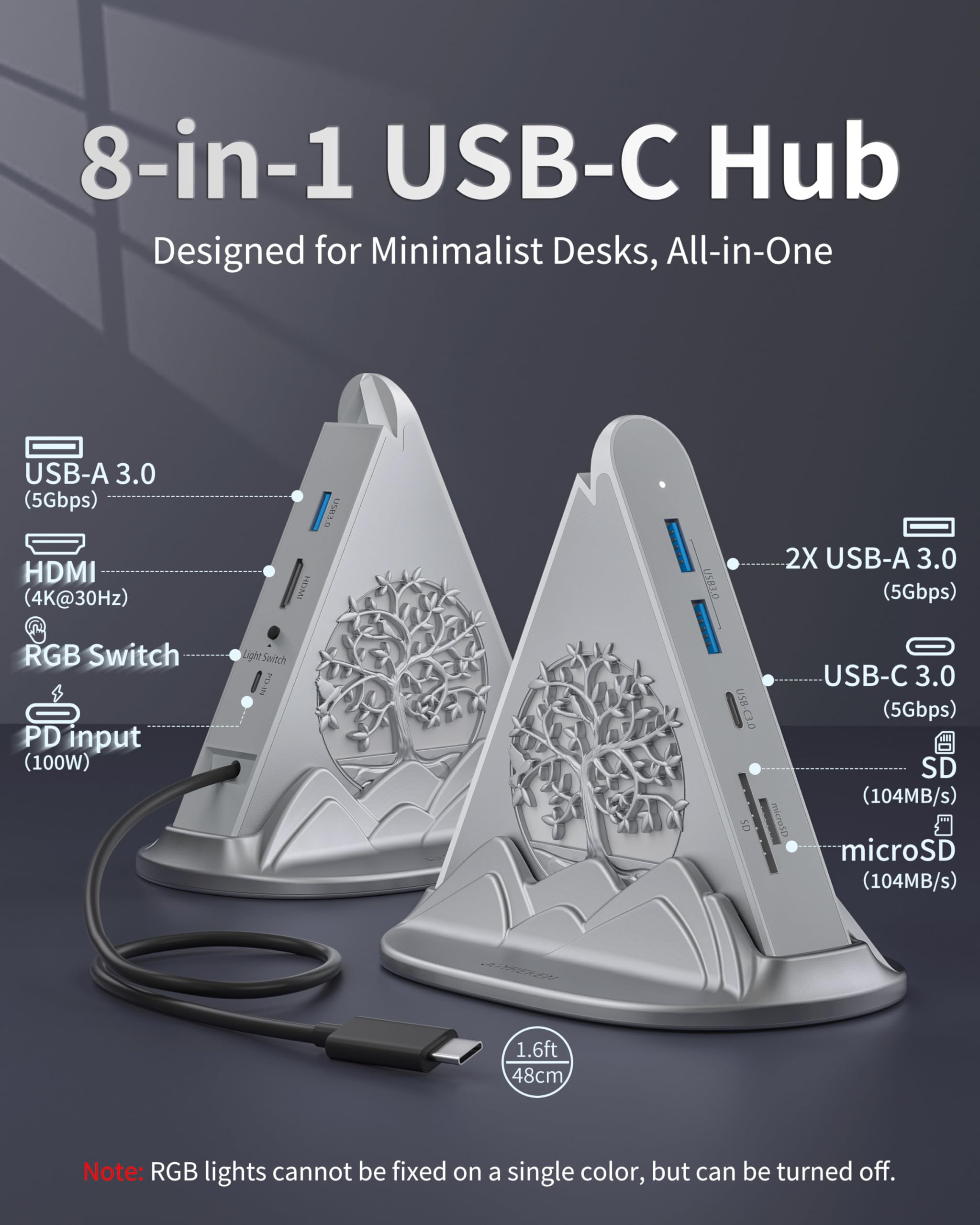 Hub USB C, hub USB C vers HDMI 8 en 1 compatible avec MacBook, iMac, iPad, Surface, XPS et autres appareils de type C (adaptateur USB C vers HDMI 4K @ 30 Hz, concentrateur 5 Gbit/s 3A1C-USB, lecteur