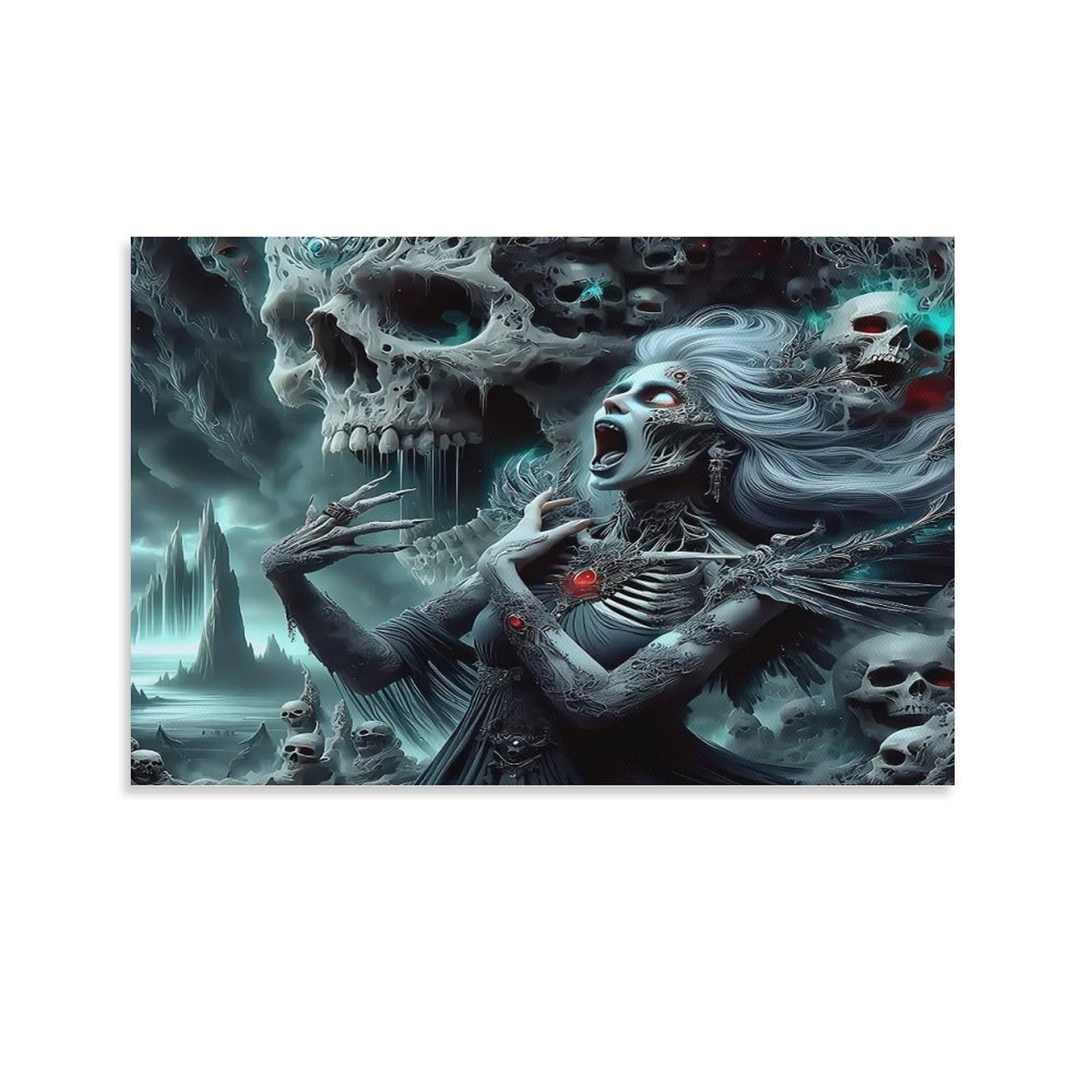 Smiling Emoji with Flowers in Sunny Garden Single Skeleton Lady Giant Skull Spooky Cave Scene Framed Canvas Wall Art - Living Room Gallery Wall Statement Piece Fade Resistant Decor 08x12inch(20x30cm)