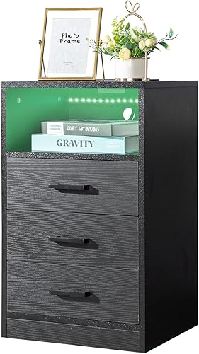 Miniatura 9 de ACLULION Mesita de noche LED con estación de carga, mesita de noche inalámbrica con puertos USB, mesita de noche inteligente con 3 cajones, mesa