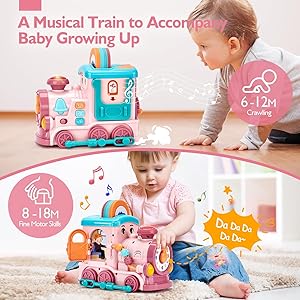 hahaland Musical Toy for Baby Girl GiftsFirst Year Activity Musical Train with Talking Flash Cards Bilingual (EN/ES), Educational Learning Toys for Toddlers, Baby Toys 18-36 Months Girl Easter Gifts