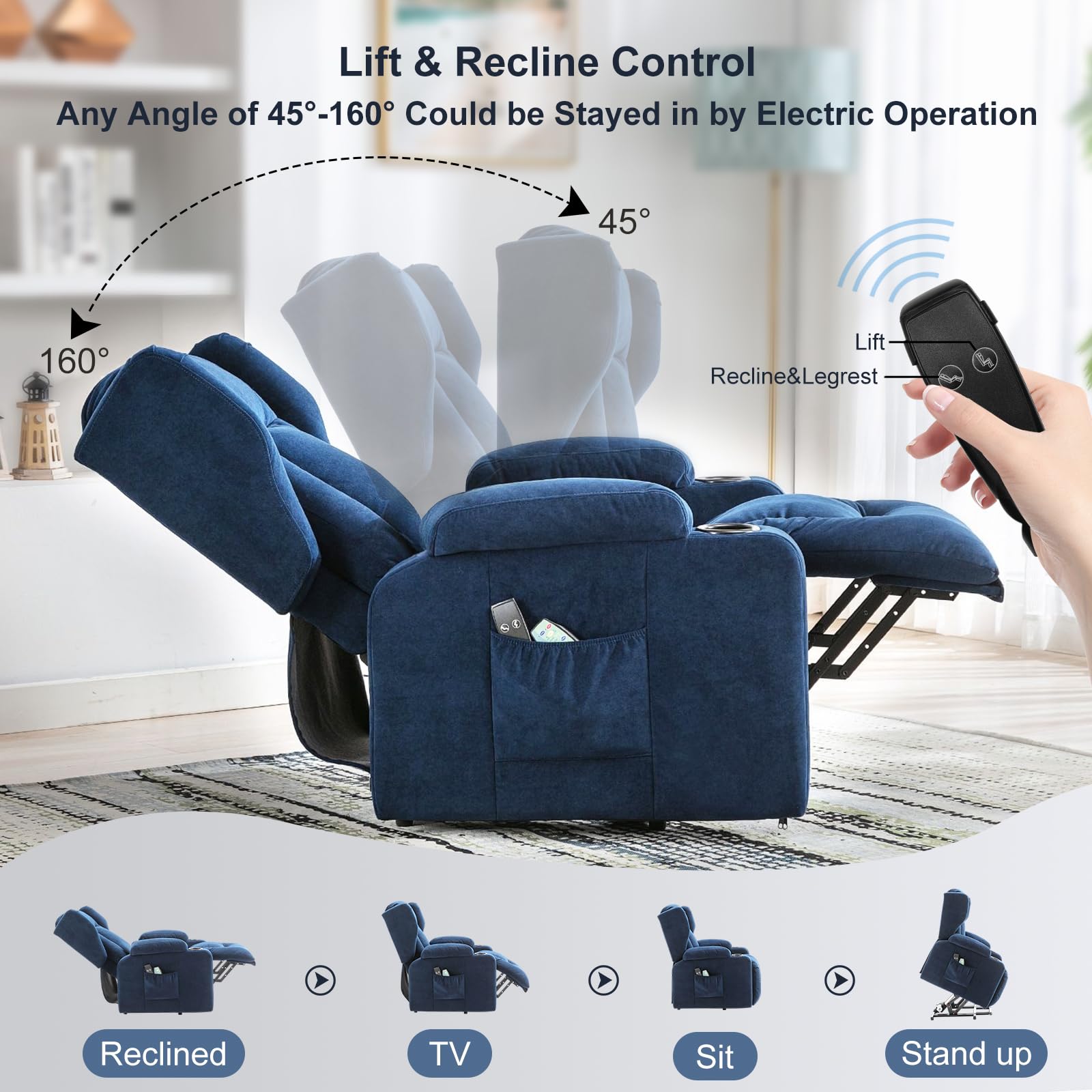 COMHOMA Sillón Relax Masaje Reclinable Electrico de Tela con 8 Puntos de Masaje Vibrante Función, Lumbar Poltrona Reclinável Levantapersonas Azul