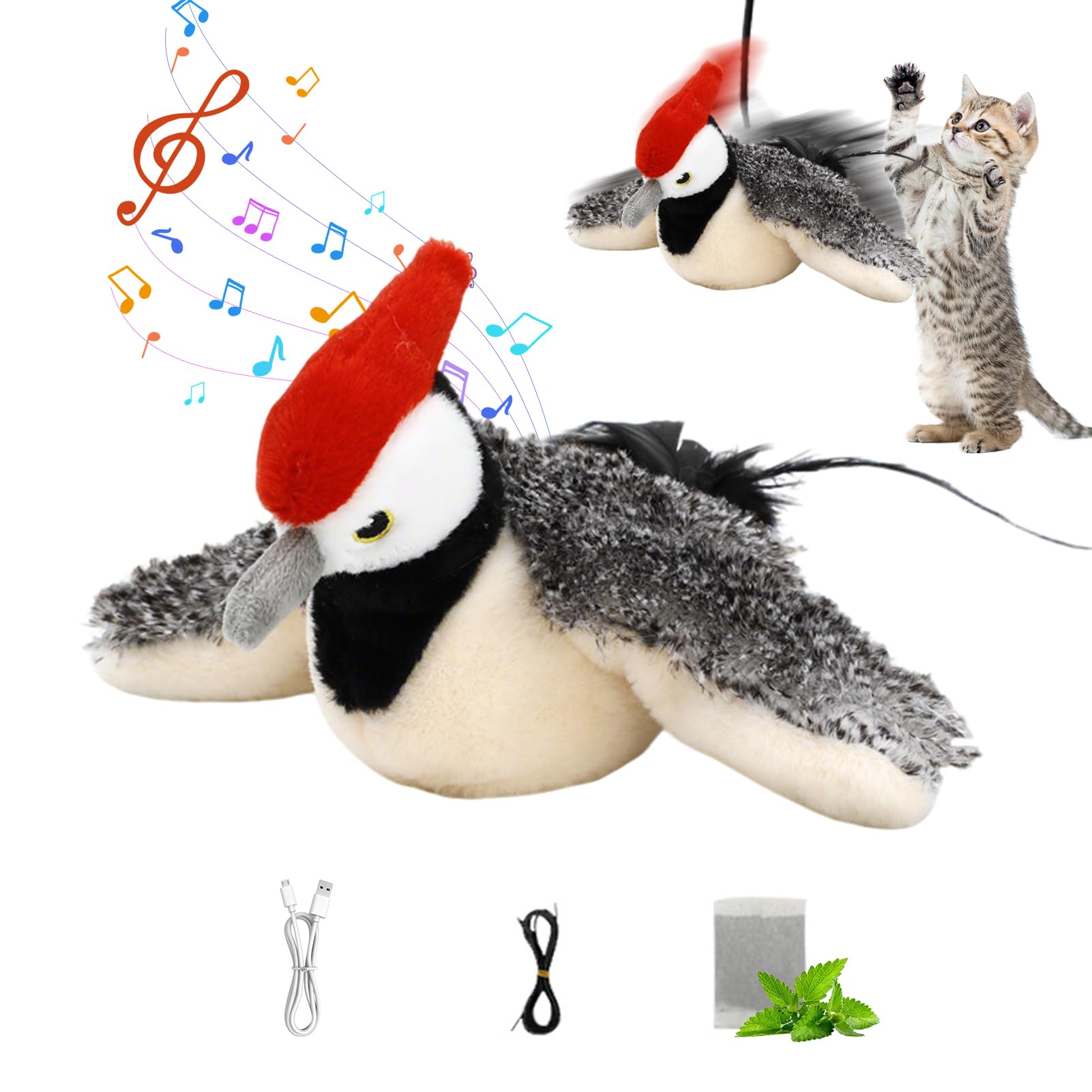 Shunfaji Interactive Cat Toy, Plush Cat Bird Toy, Real Beating and Twittering Like a Bird, Rechargeable, with Catnip (Pic) โ image 1