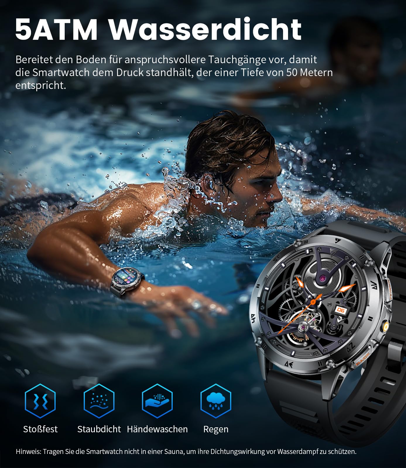 Smartwatch Herren, 1,43" HD AMOLED Smartwatch mit Bluetooth-Anrufen, Herzfrequenz, Schlaf, SpO2, 110+ Sportmodi, IP68 wasserdicht für Android iOS
