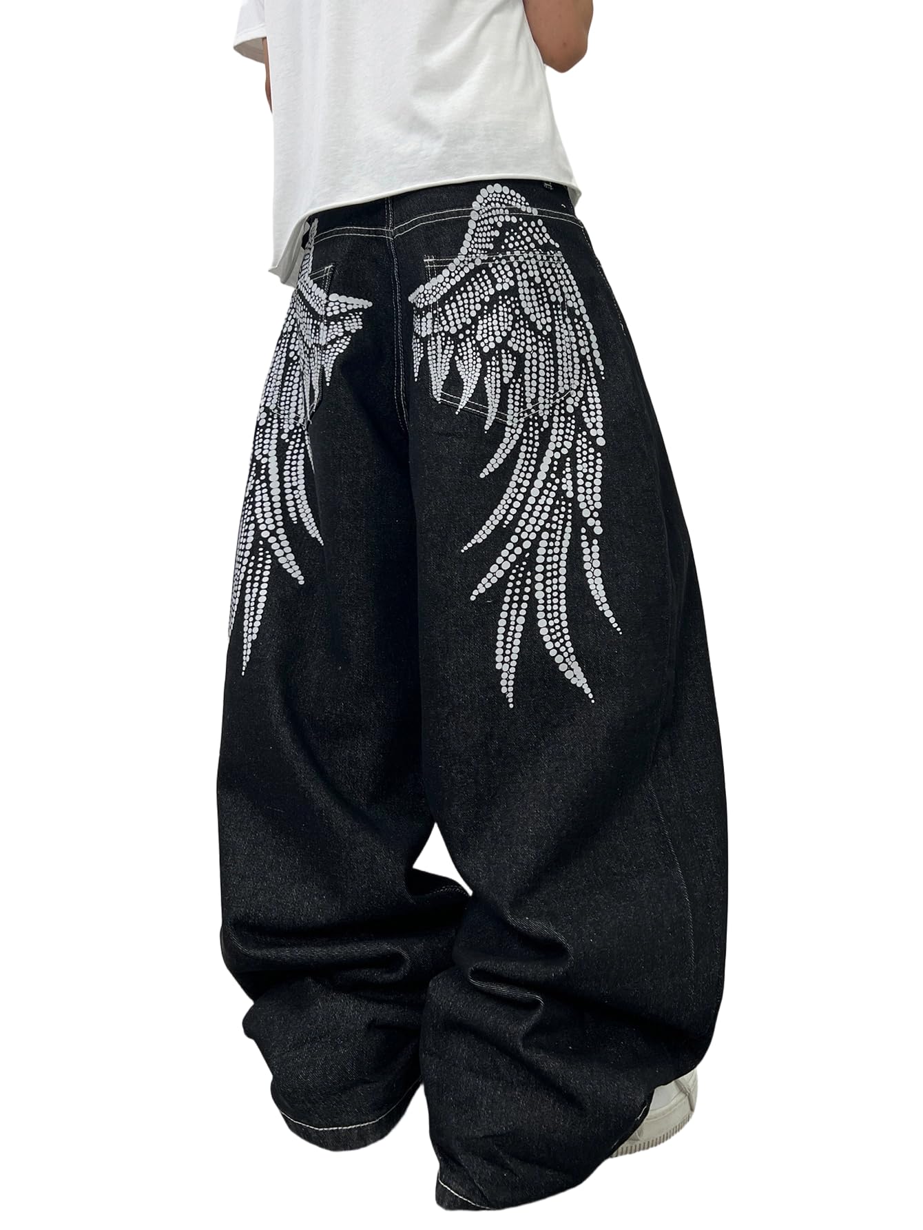 Jeans da uomo larghi a gamba larga con stampa ali d'angelo pantaloni in denim Y2K Hip Hop Streetwear pantaloni casual