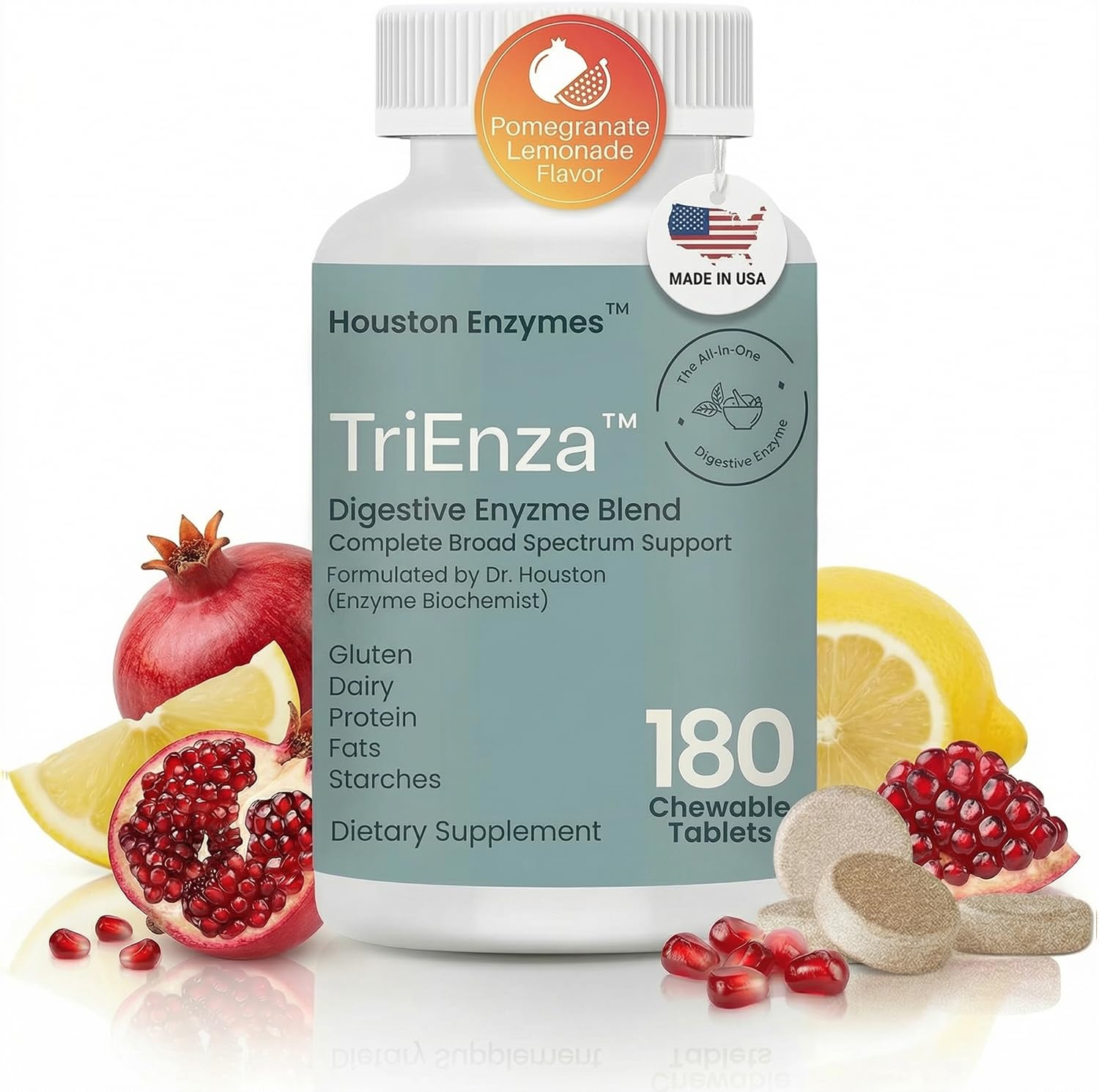 Houston Enzymes TriEnza Multi-enzimas digestivas, 180 comprimidos mastigáveis