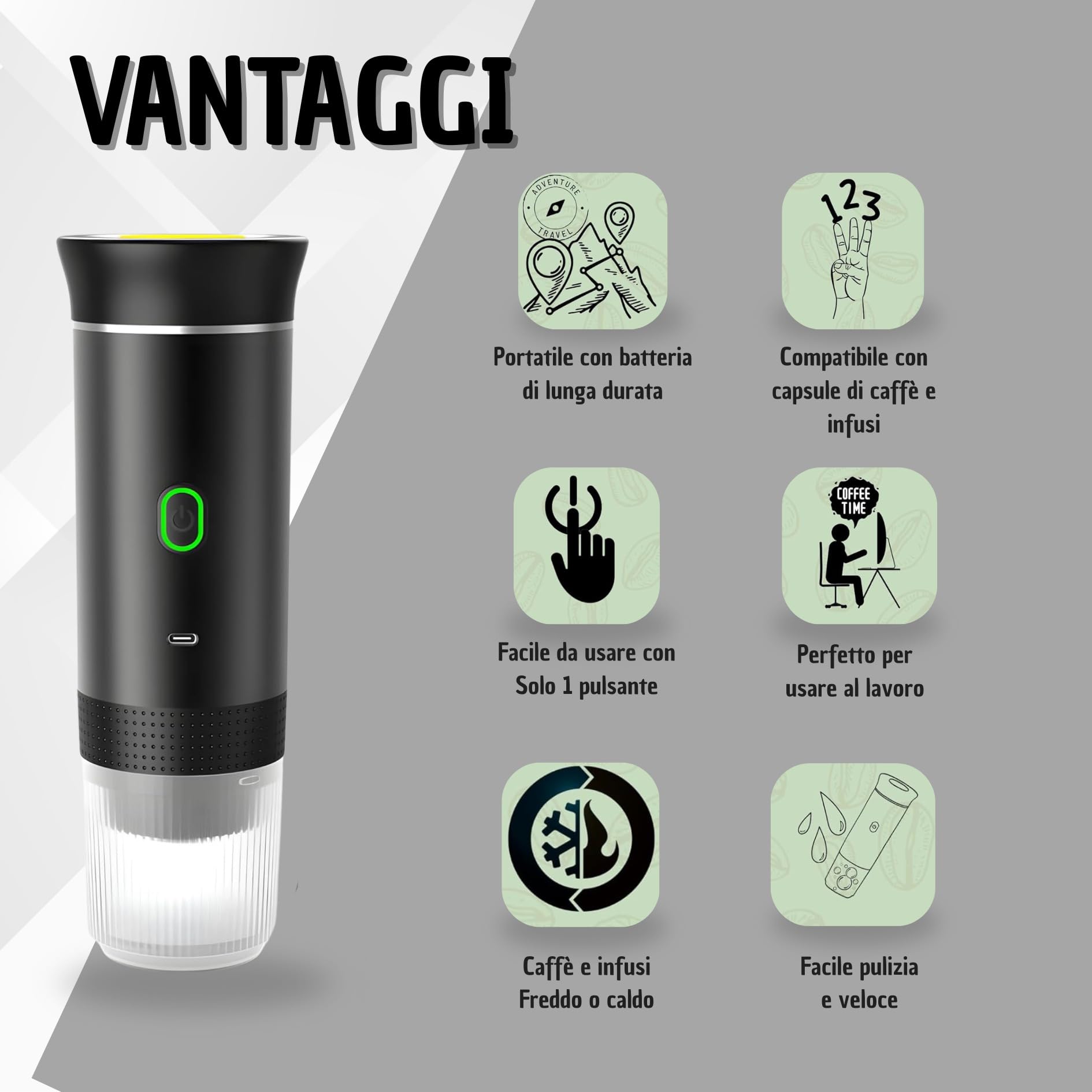 Caffettiera portatile 3 in 1 compatibile con capsule Ness-preso, Dolce-Gusto e Caffè macinato - Mini macchina da caffè elettrica con acqua calda USB-C - ideale per viaggi, campeggio e auto