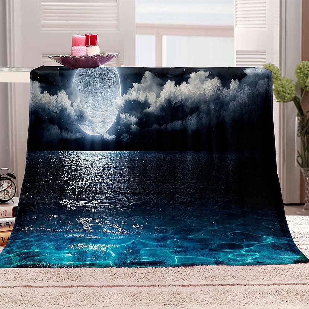 Couverture flanelle 130x150 cm paysage marin pleine lune bleue pour lit