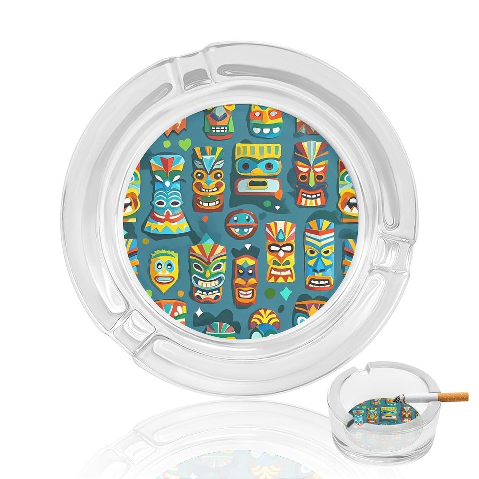 Hlbsdm Colorful Tiki Mask Pattern Glass Ashtrays Round Ash Tray For Smokers Cigarette Ash Holder For Office Indoor Outdoor