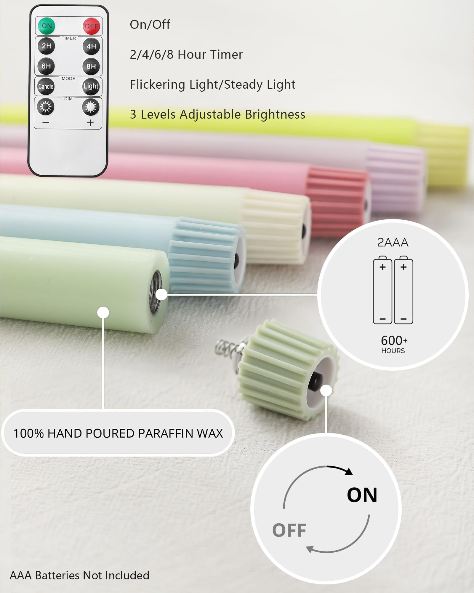 Stmarry Candele coniche senza fiamma multicolore pastello con telecomando e timer, candele a LED in vera cera da 24 cm, antigoccia, funzionamento a batteria, candele alte con fiamma tremolante 3D