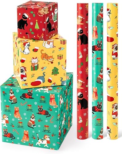 WERNNSAI Rollos de papel de regalo de Navidad  3 rollos de papel de regalo de gato de Navidad de 17 x 120 pulgadas, papel de regalo de Navidad para