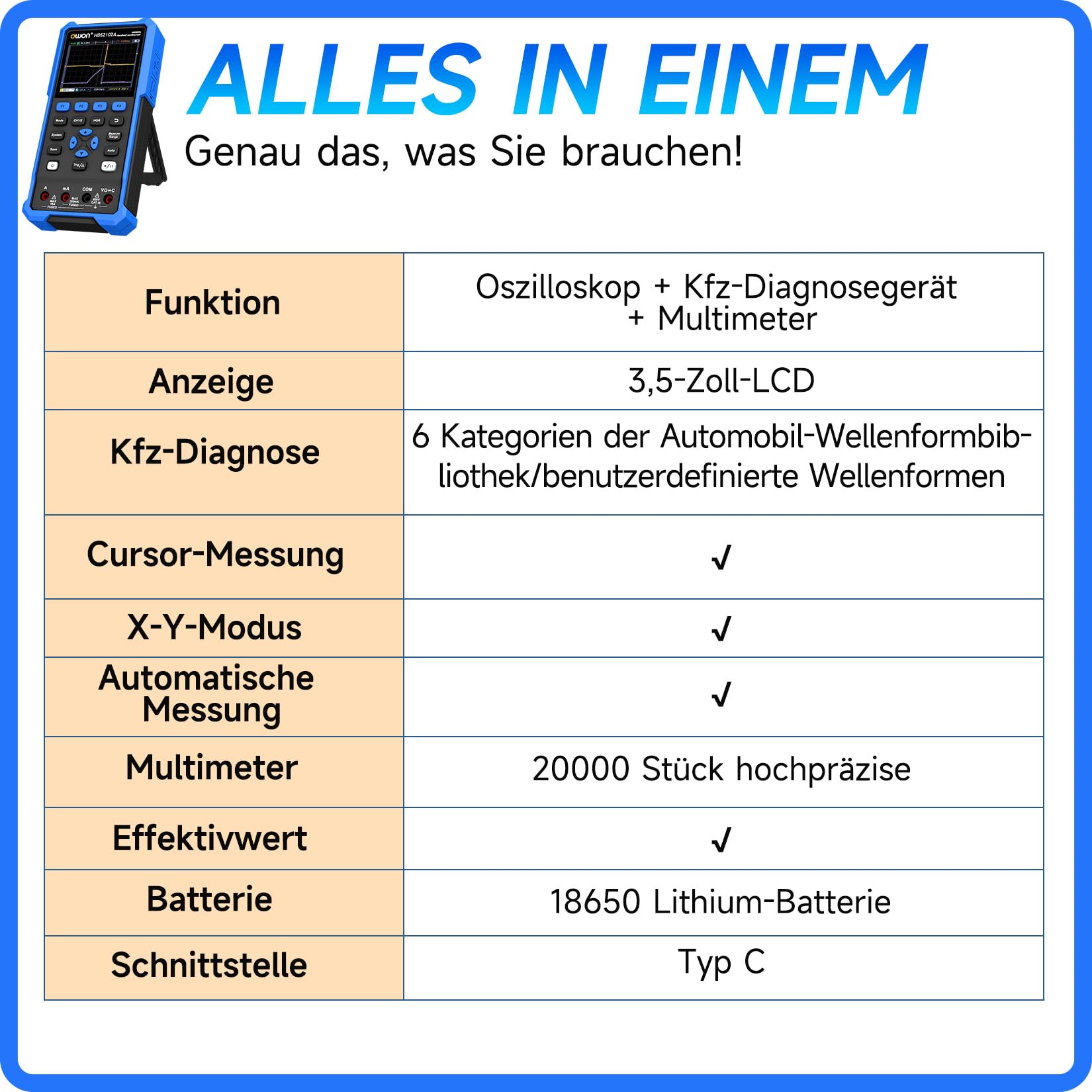 OWON HDS2102A Kfz Diagnose Oszilloskop mit hochauflösendem 3,5 Zoll Display, 100MHz Bandbreite, 2 Kanälen, 500 MSa/s, 3 in 1 Multimeter und Kfz Fehlerdiagnosegerät mit Typ C-Anschluss (Standard)