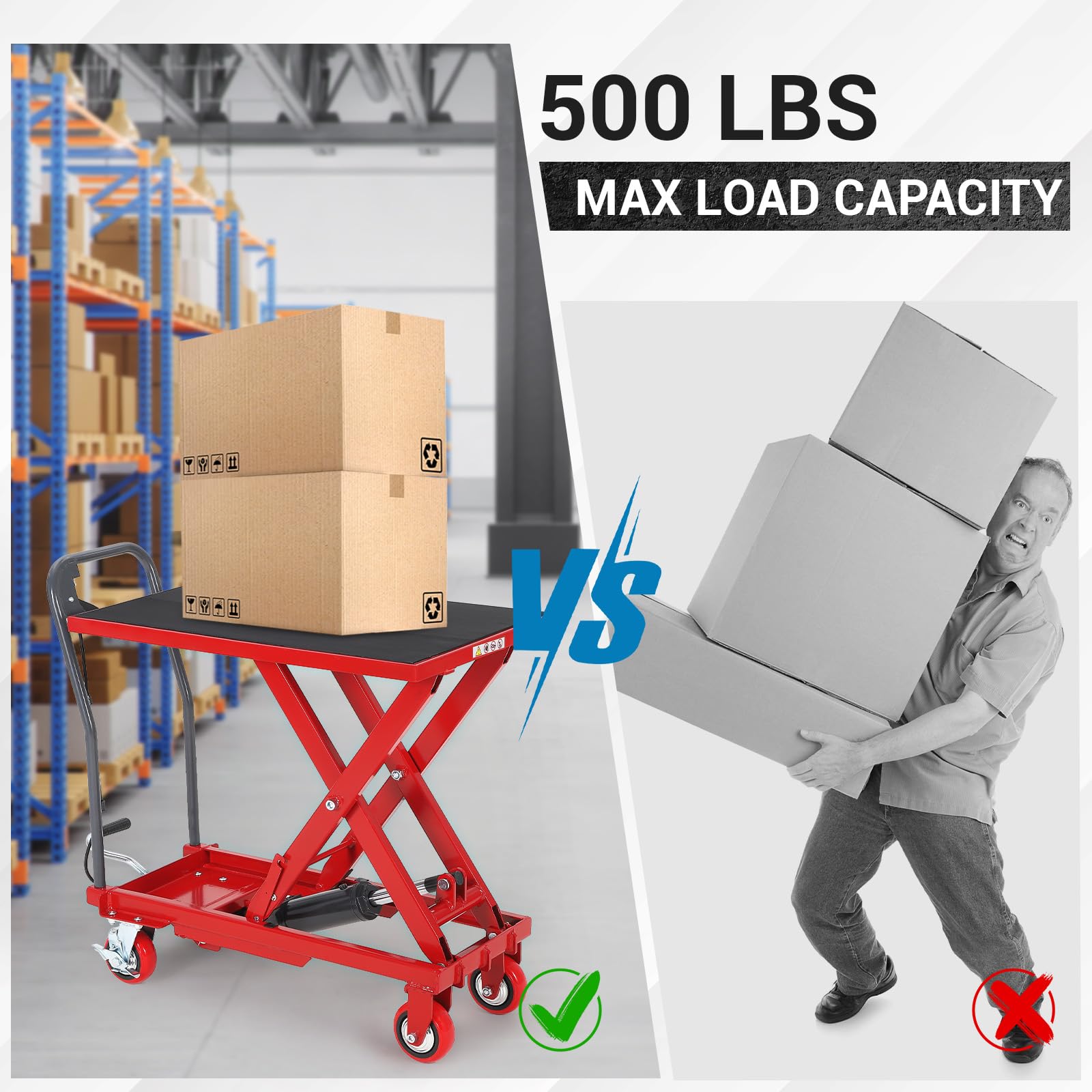 Garvee Hydraulic Lift Table Cart, 500 LBS Capacity 28.5 in Lifting Height, Single Scissor Lift Table with 4 Wheels and Non-Slip Pad for Material Handling and Transportation, Red