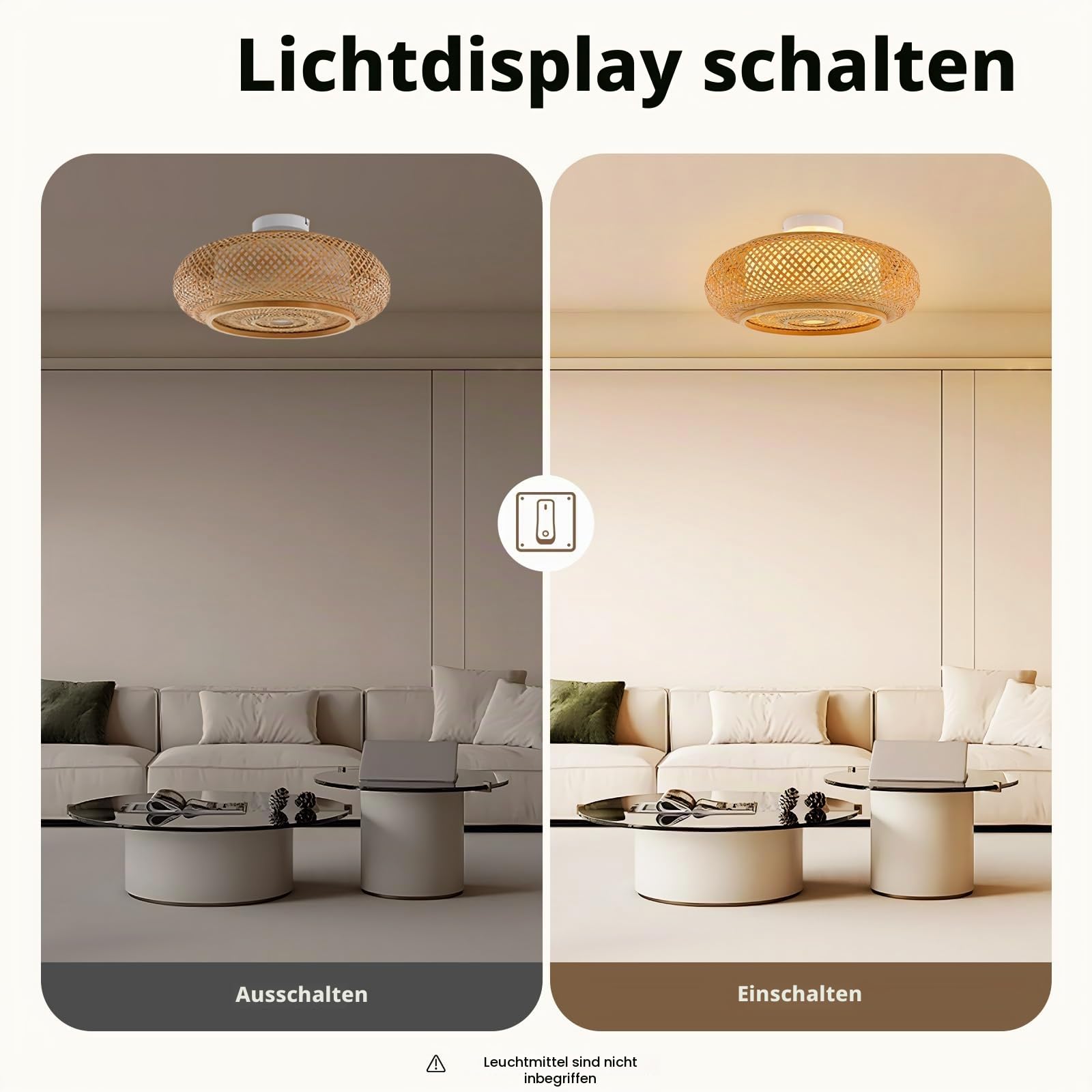 Bambus Deckenleuchte LED, Rattan Lampe mit Fernbedienung, Dimmbare Deckenlampe – Handgewebte Naturfaser Pendelleuchte E27 40W, Kronleuchter für Wohnzimmer, Schlafzimmer, Flur, Küche (40cm, Gelb)