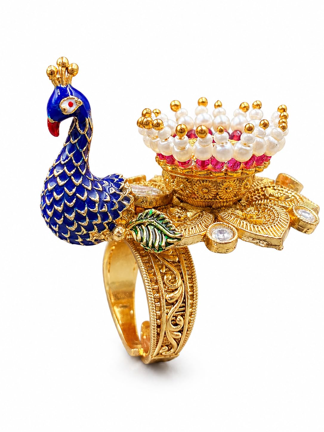 Peacock Design Adjustable Statement Ring for Women | Gold Plated Enamel Ring with Faux Pearls, Pink Stones & American Diamond | Ethnic Fashion Jewellery-image-45