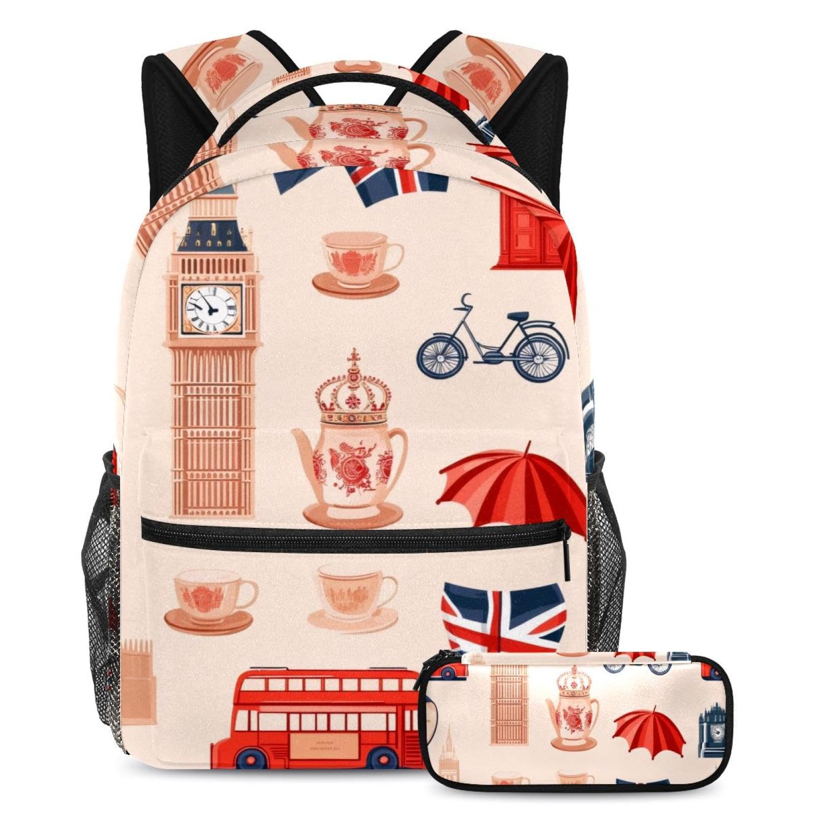 Set di 2 zaini per ragazzi e ragazze, grande capacità disegnato a mano con stampa per vacanze, con astuccio, perfetto per studenti, ragazzi, viaggi ed escursioni, Multicolore 3, Taglia