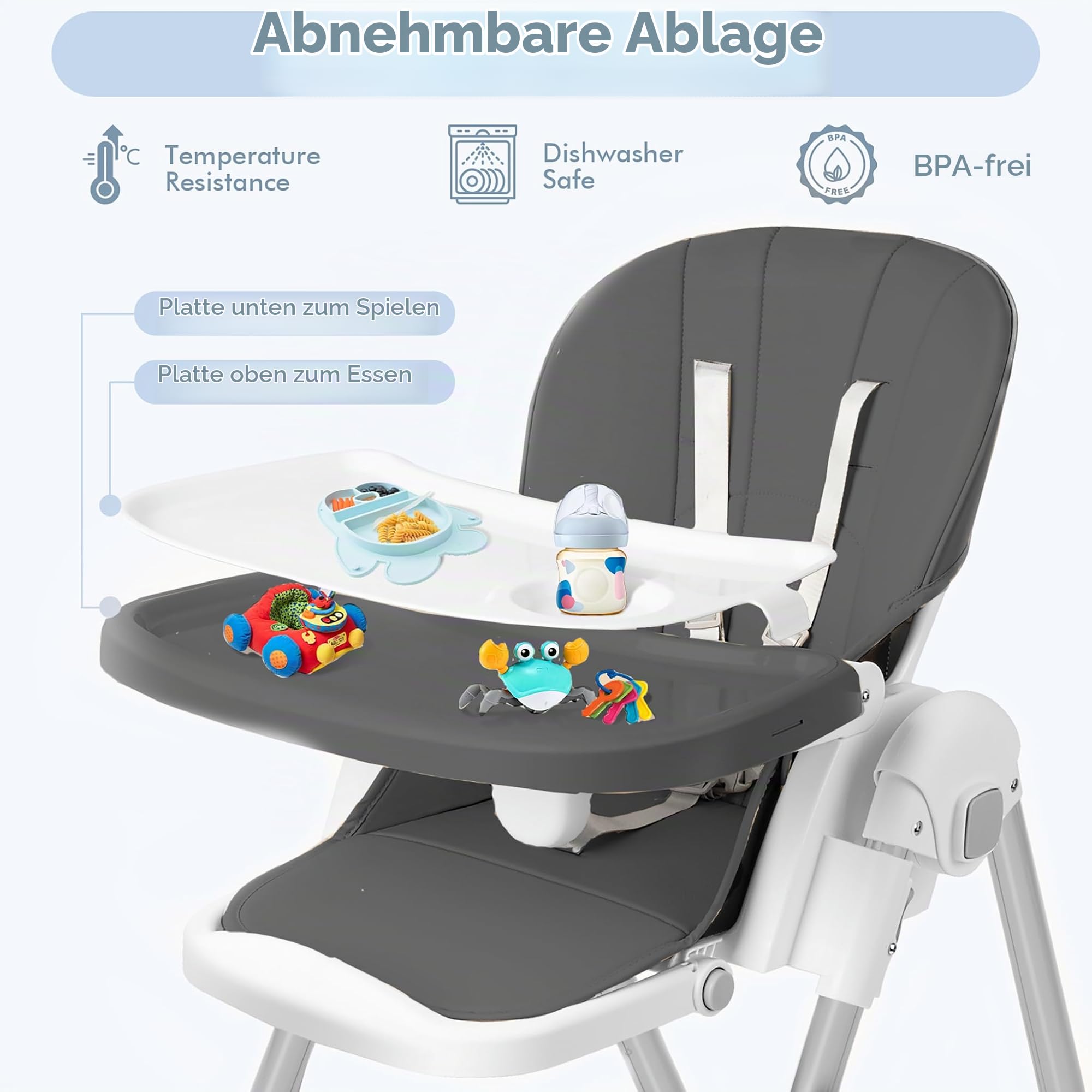 UISEBRT Kinderhochstuhl Klappbar, Höhenverstellbarer Baby Essstuhl mit Liegefunktion, Verstellbarem Doppeltablett und 5-Punkt-Gurt, Tragbarer Hochstuhl für Zuhause und Unterwegs, Grau