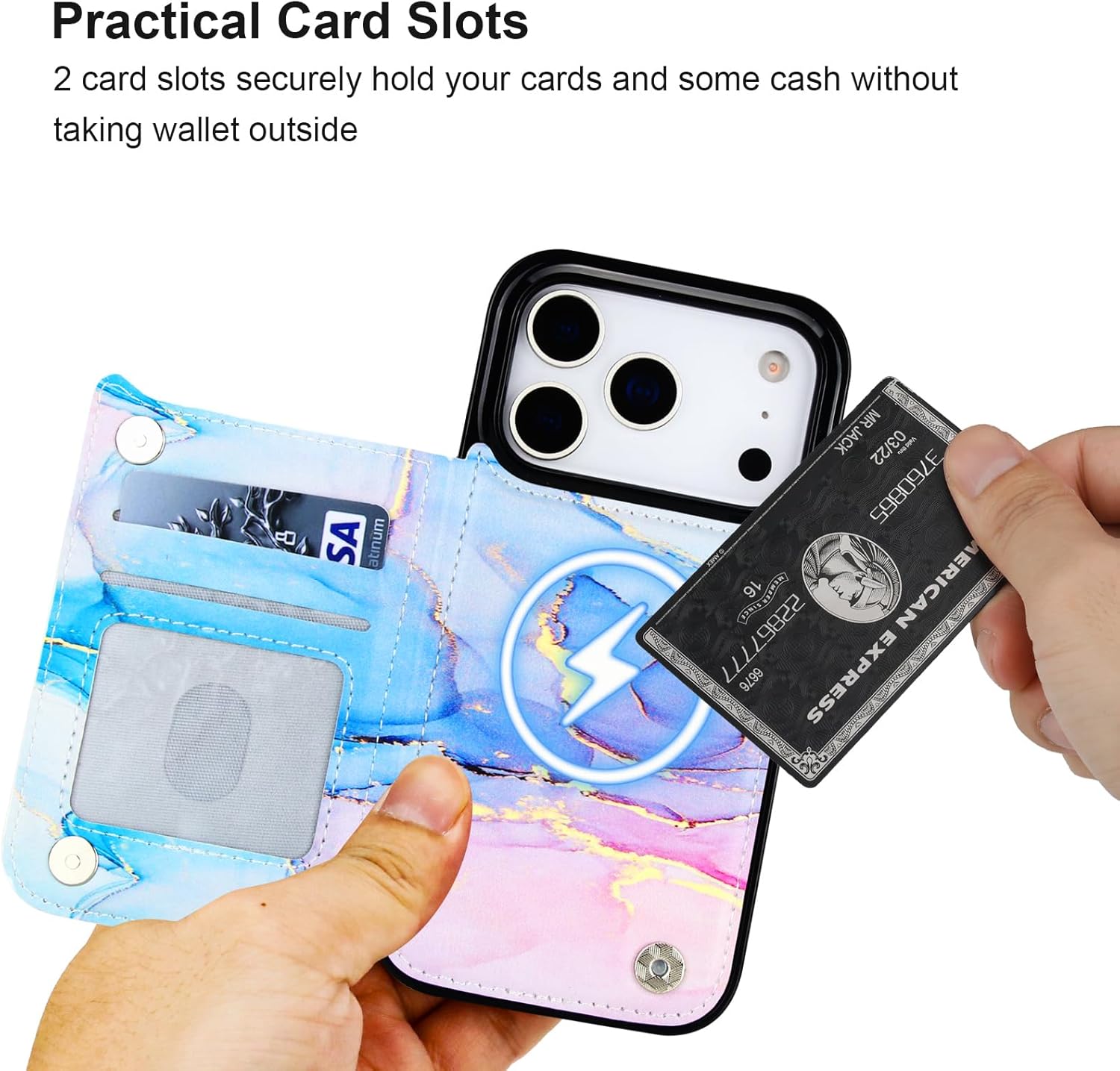 HAOPINSH Wallet Case for iPhone 17 Pro, Compatible with MagSafe Wireless Charging, Pink Blue Marble Pattern Back Flip Folio PU Leather Kickstand Card Slots Case Double Magnetic Clasp Cover 6.3"
