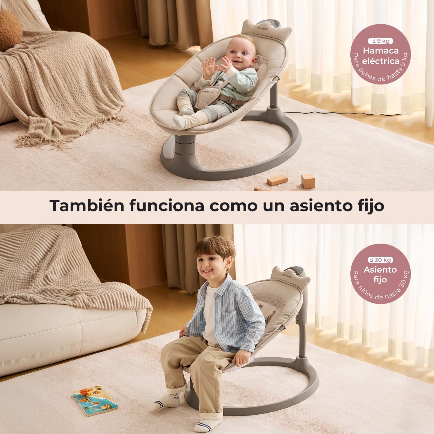 Momcozy 2 en 1 Hamaca Bebe Electrica, con Soporte de Doble Brazo, 4 Modos y 4 Velocidades de Balanceo, Mecedora Bebe Electrica Convertible en Asiento Fijo de hasta 30kg, 2 Posiciones de Reclinación