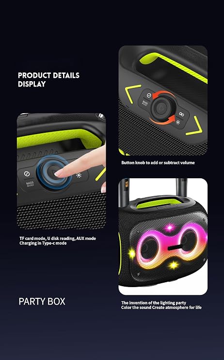 Portable Bluetooth Speaker with Dual Wireless Mics with Volume Control, 120W, Tripod Stand, 10+ Hours Playtime, Big Bass TWS/USB/TF Card/AUX IPX6 Waterproof Party Box (Black)