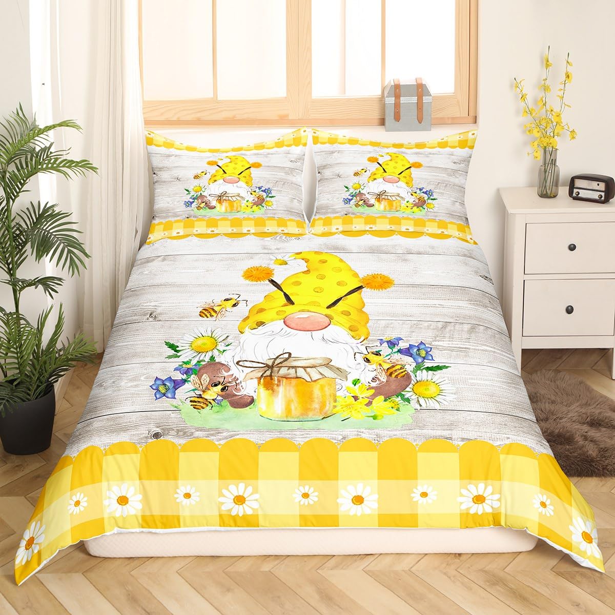 Erosebridal Cute Bee Gnome Queen Comforter Cover for Kids Boys Girls,Yellow Kawaii Spring Gnome Duvet Cover,Farm Honeycomb Honey Can Quilt Cover,Cartoon Dwarf Daisy Floral Bedding Set Room Decor,3Pcs