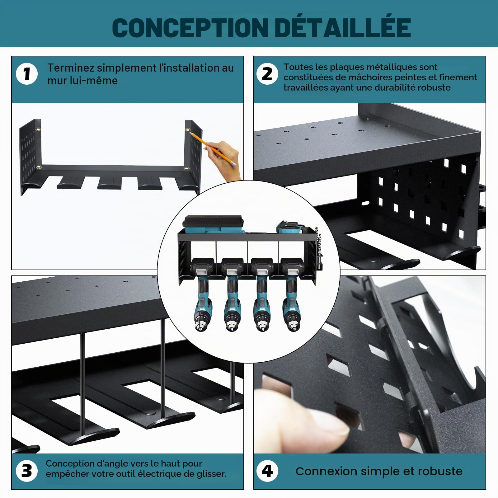 Rangement pour outils-Support mural - Perceuse à percussion - 4 emplacements - Pour perceuse électrique - Montage mural - Étagère de rangement - Tournevis - Organisateur d'outils