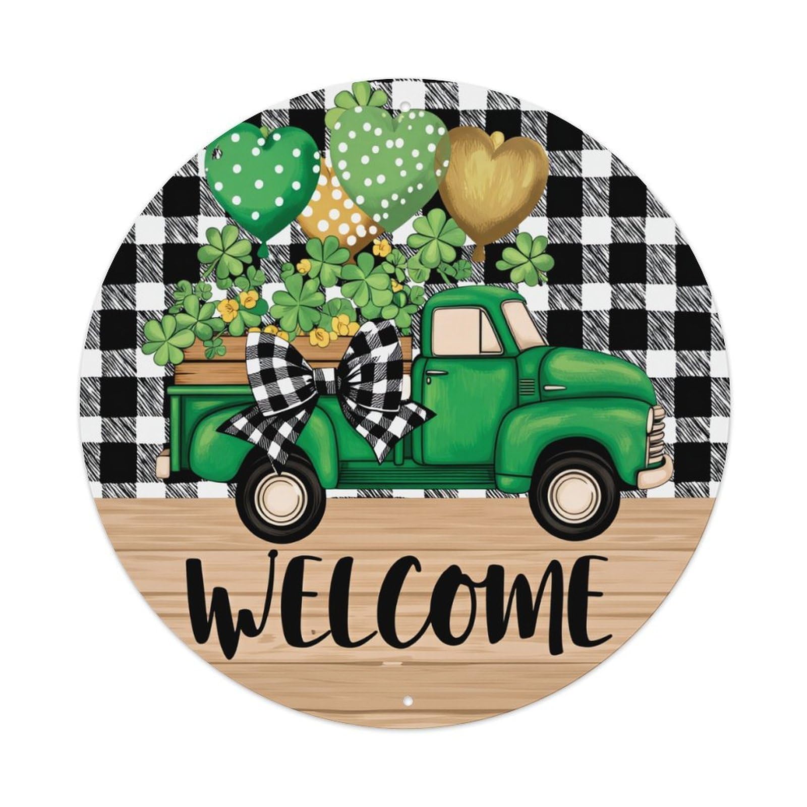 Green Truck With Hearts And Clovers Round Tin Sign Vintage Metal Poster, Home Bar Garage Man Cave Cafe Indoor & Outdoor Wall Decoration 8x8Inches