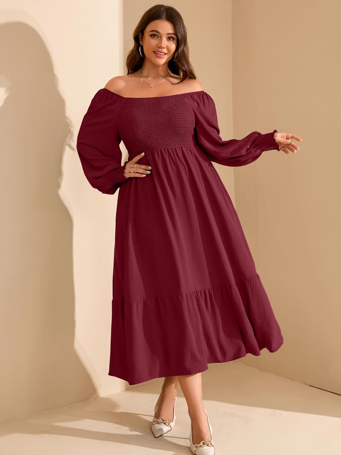 RWJ Women's Plus Size Fall Dress Long Sleeve Square Neck Floral Print Smocked A Line Boho Flowy Maxi Dresses with Pockets - Image 6