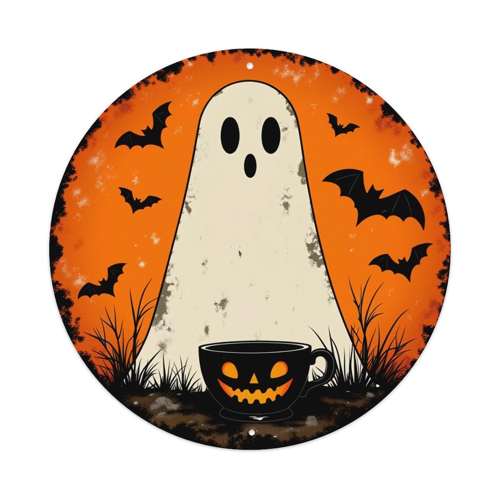 Ghost Bat Pumpkin Cup Orange Round Tin Sign Vintage Metal Poster, Home Bar Garage Man Cave Cafe Indoor & Outdoor Wall Decoration 8x8Inches