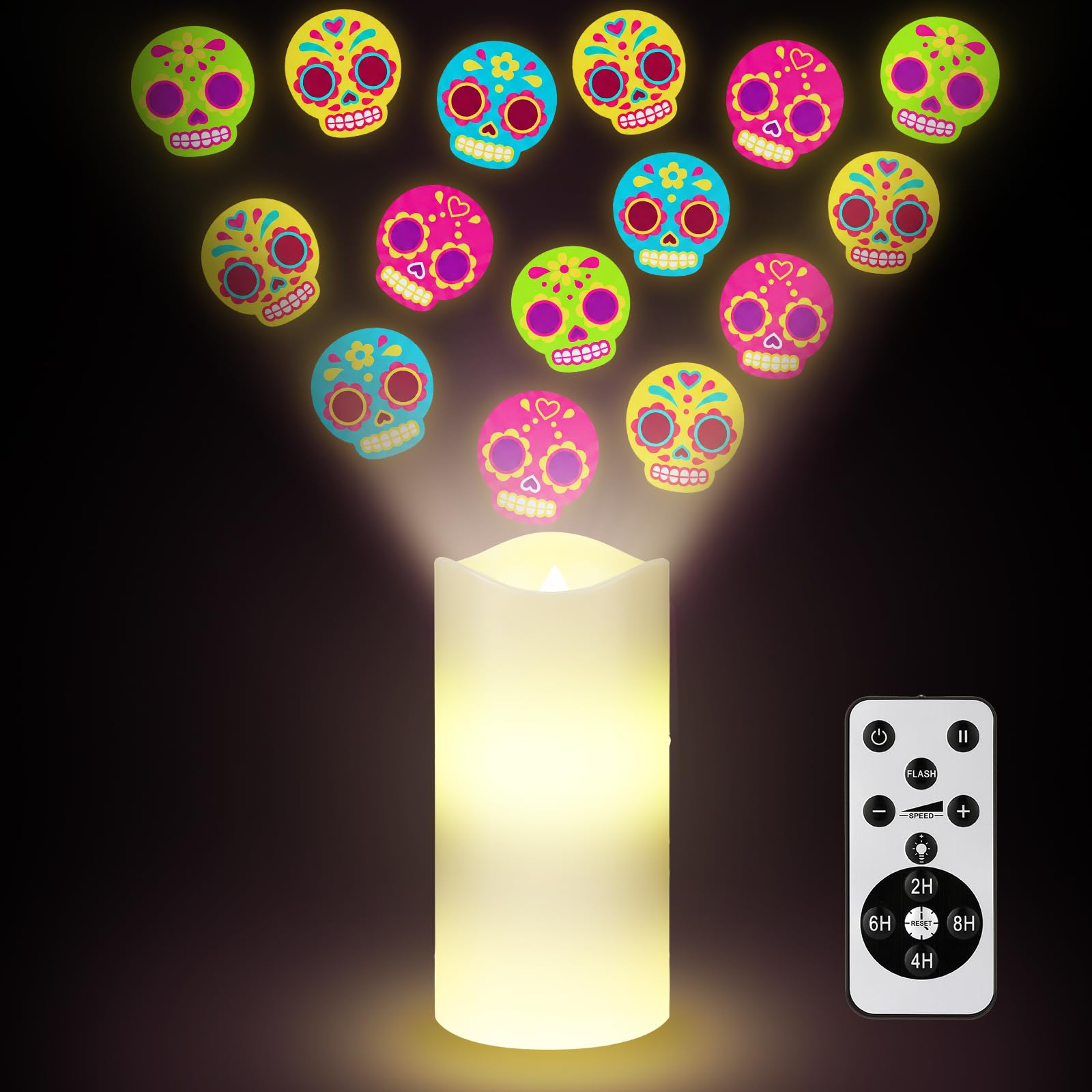 Baquler Day of the Dead Decoration Flameless Candles Sugar Skull Projector Light Colorful Skull LED Candle Battery Operated Night Light with Remote and Timer Indoor Bedroom Halloween Mexican Decor