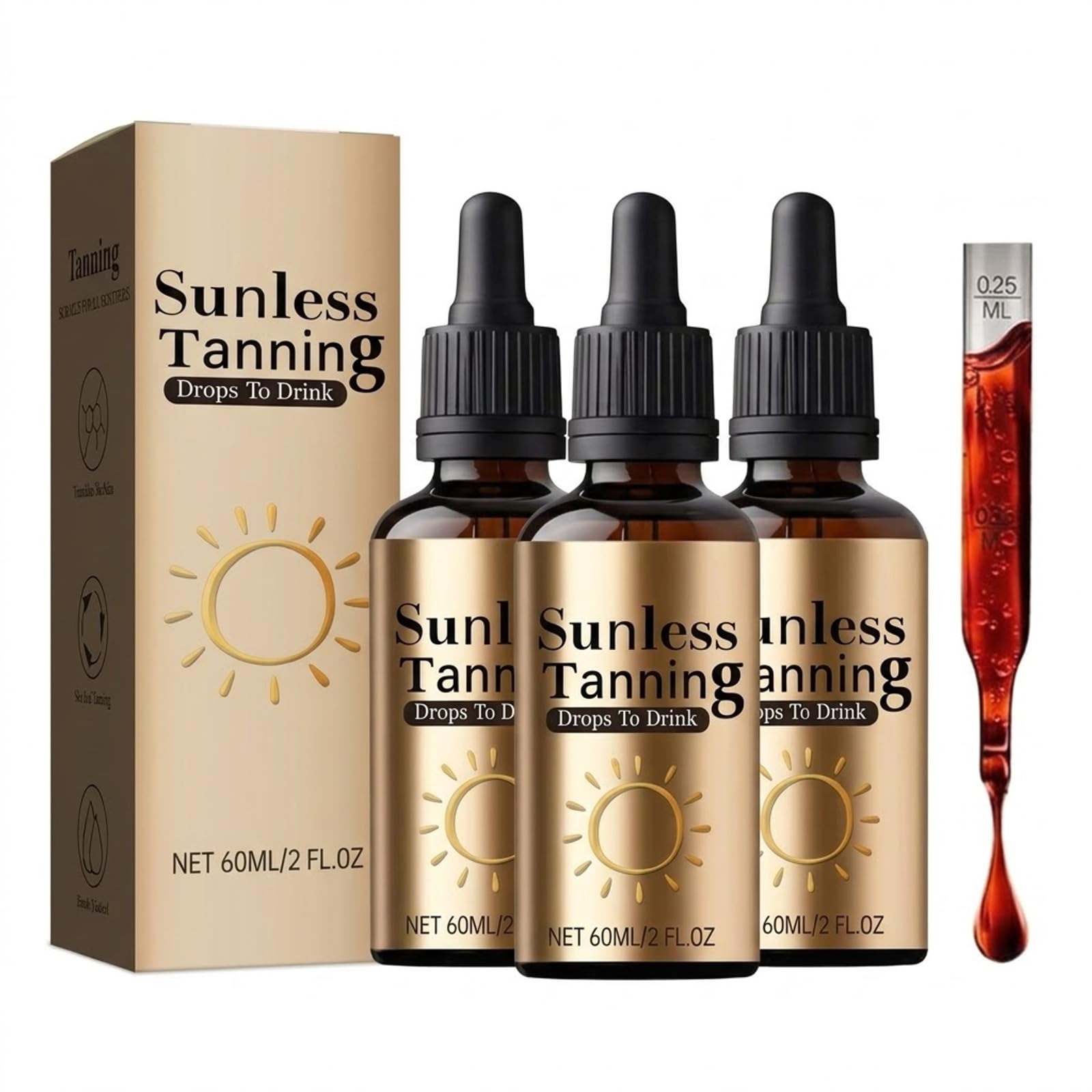 Gocce autoabbronzanti da bere, gocce da bere per abbronzare, Sunless Tanning Drops To Drink, Autoabbronzante Viso & Corpo Bio, Veloce Abbronzatura per tutti i tipi di pelle, 60ml (3 Bottiglia)