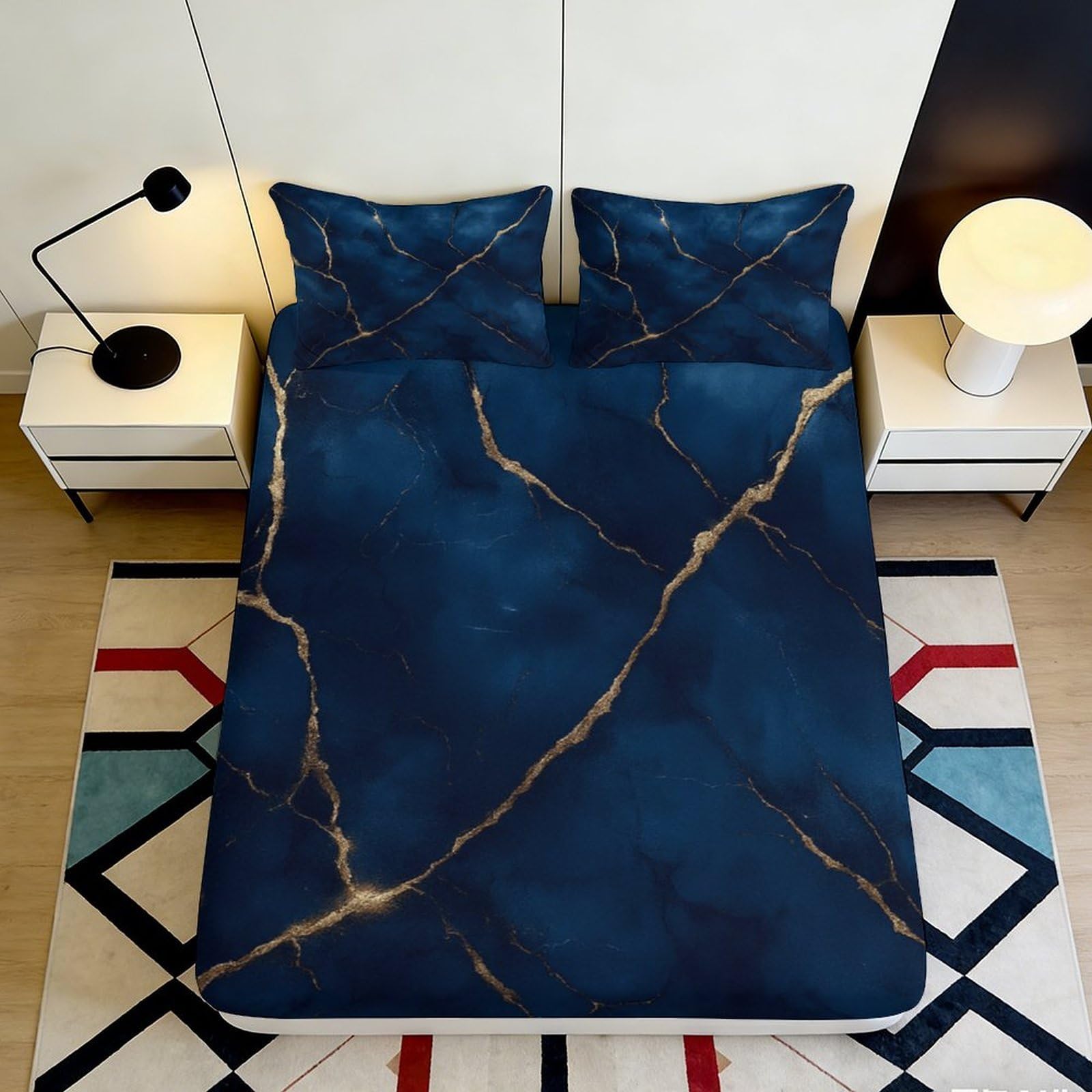 3D Printed Navy Marble Fitted Sheet Microfiber Soft Gold Vein Bed Sheet for Bedroom Decor Mattress Protection 90x200x25cm