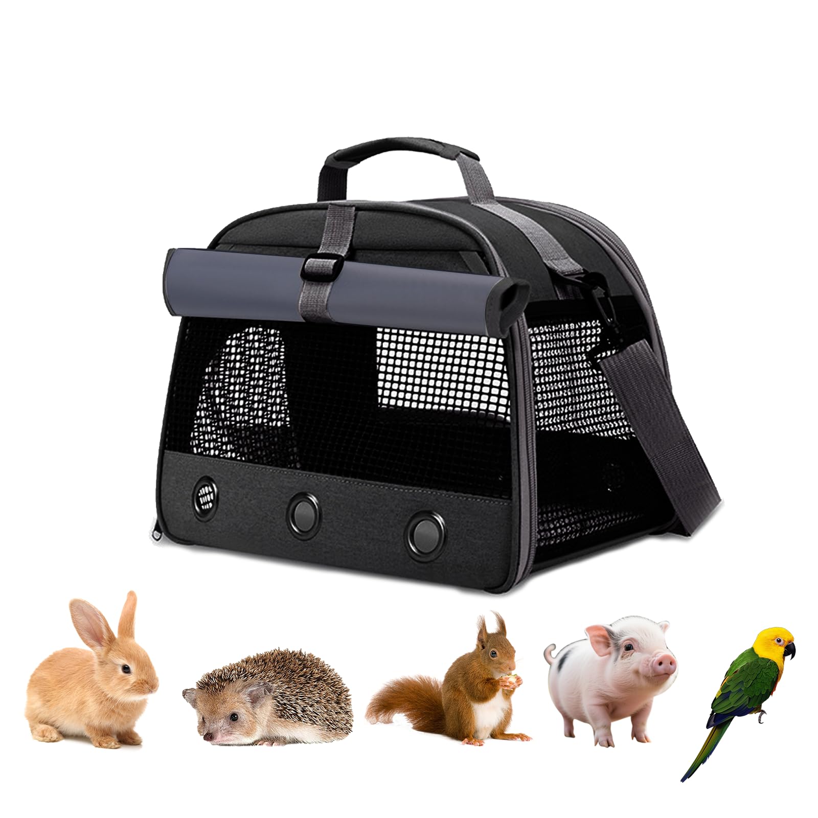 Bolsa de Transporte de Animales pequeños, 35 * 25 * 23cm Bolsa de Viaje saliente para Mascotas, Portador de Conejillos de Indias portátil con Malla Transpirable para pájaro, Rata,Negro