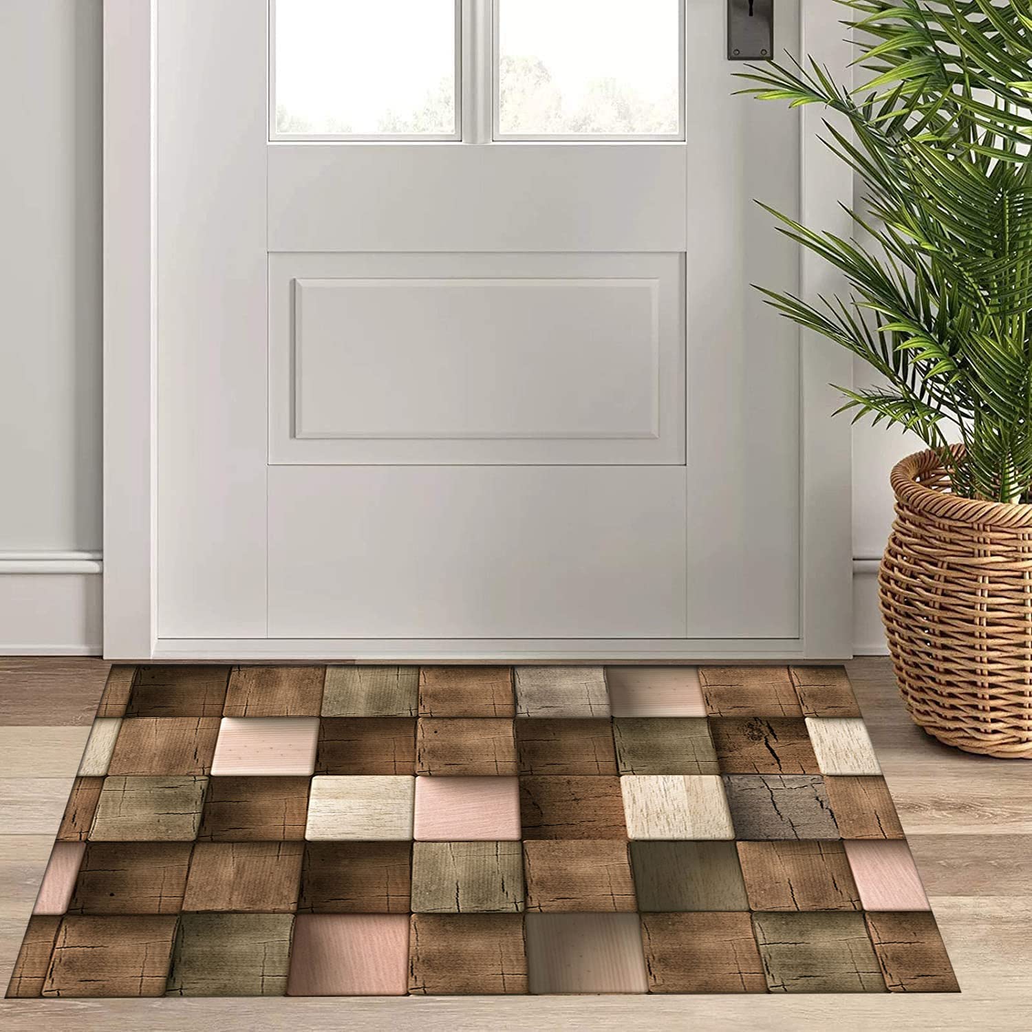 Tapis de couloir pour couloir et cuisine - Vintage - Motif géométrique traditionnel - Imitation planche de bois - Antidérapant et lavable
