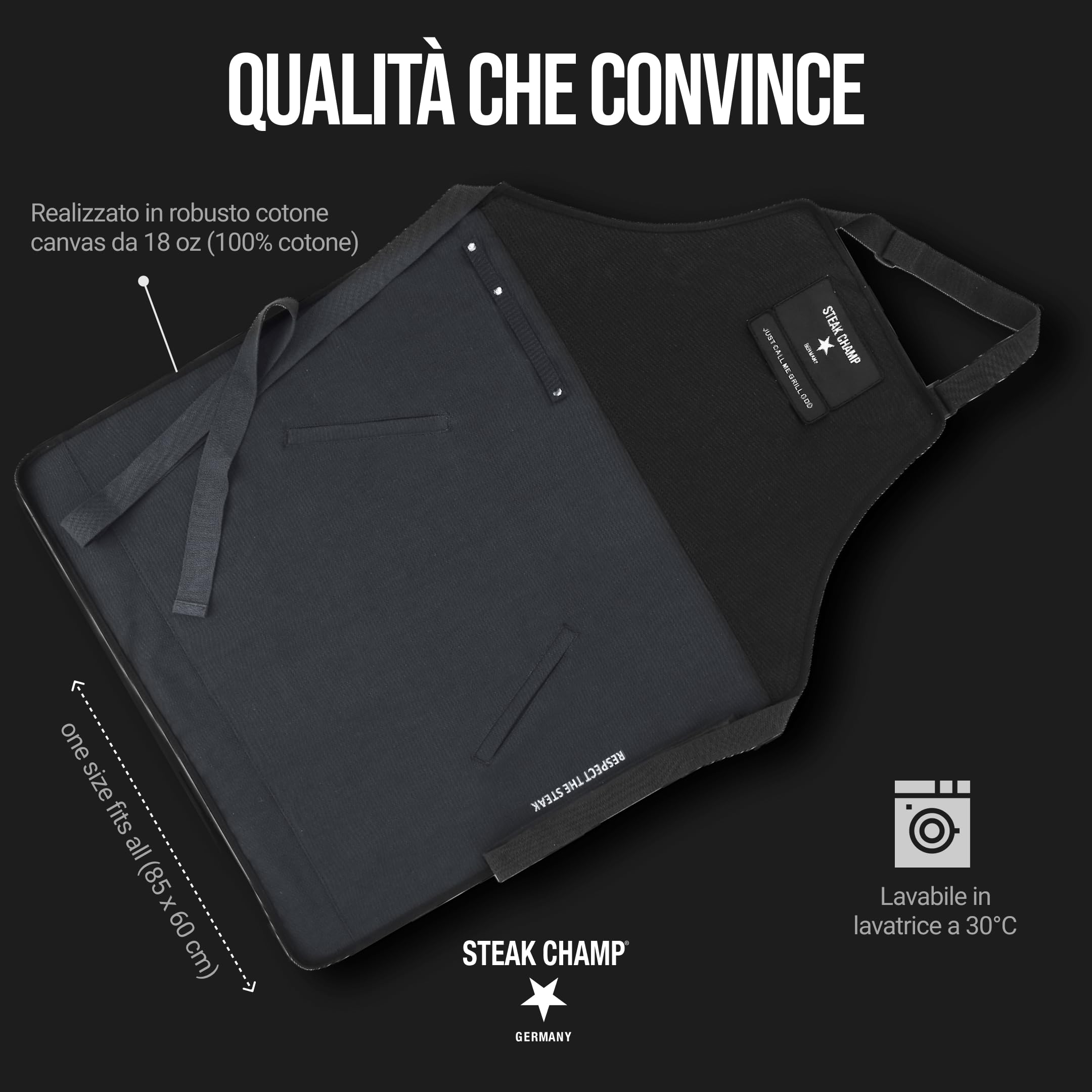 Steakchamp Grembiule da Griglia e Bar: Grembiule Robusto per Cucina e Griglia, Regolabile, con Trattamento Resistente allo Sporco e all'Acqua, con Toppa Personalizzabile