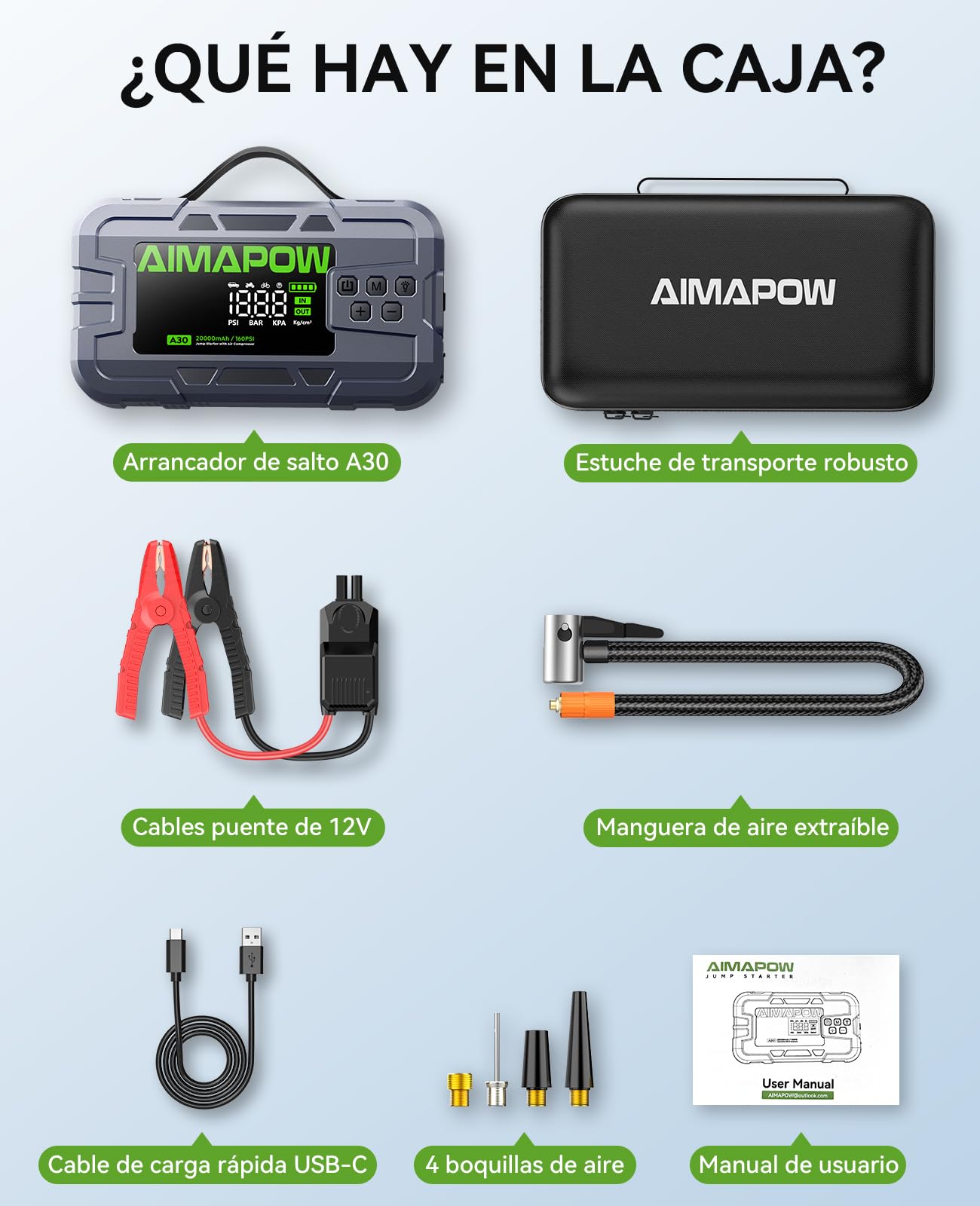 Arrancador de Coches 8000A, AIMAPOW Arrancador de Batería de Coche con Compresor de Aire 160PSI, Jump Starter 12V para Todos los Motores de Gasolina y Diésel de 12L, Pantalla LCD, Luz LED de 600LM