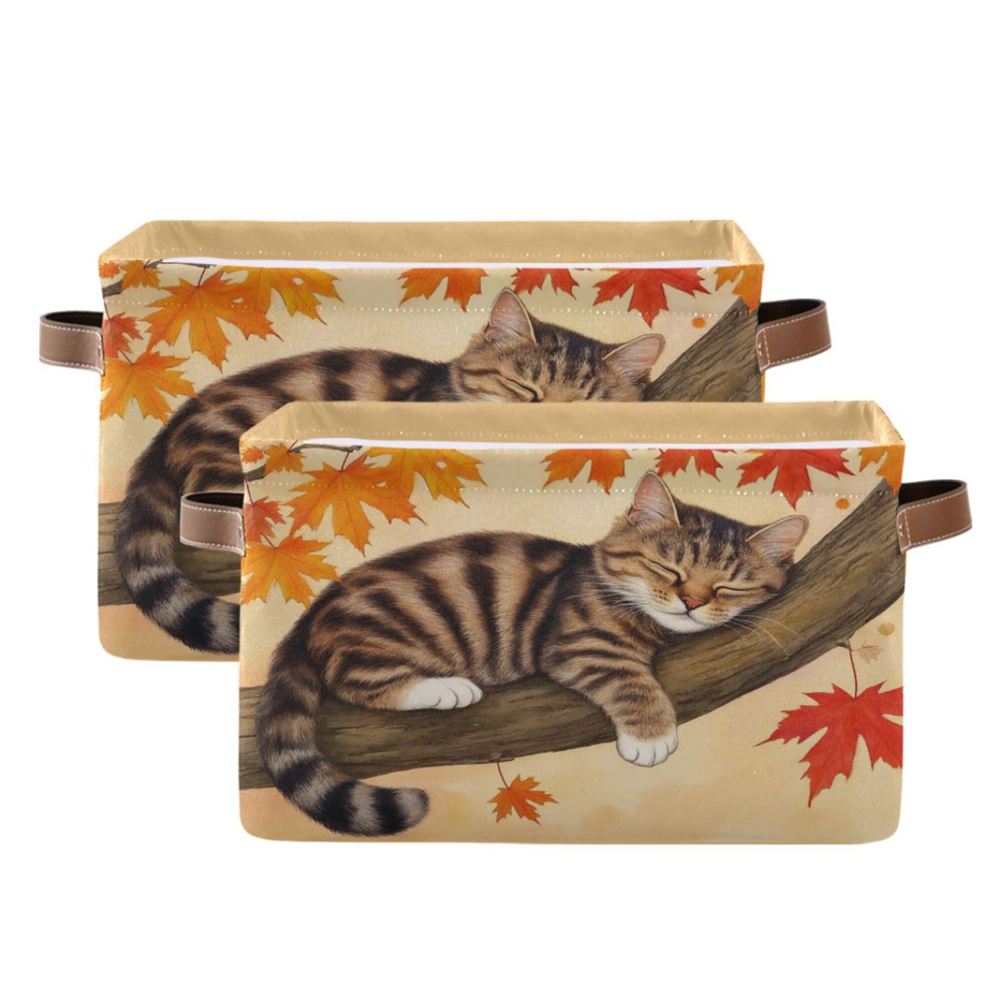 Wamika Fall Cat Kitty Storage Basket with Waterproof Liner and PU Handles Autumn Maple Leaves Storage Bins Boxes 14.2" Collapsible Decorative Organizer Baskets for Bedroom Closet Office 2 Pack