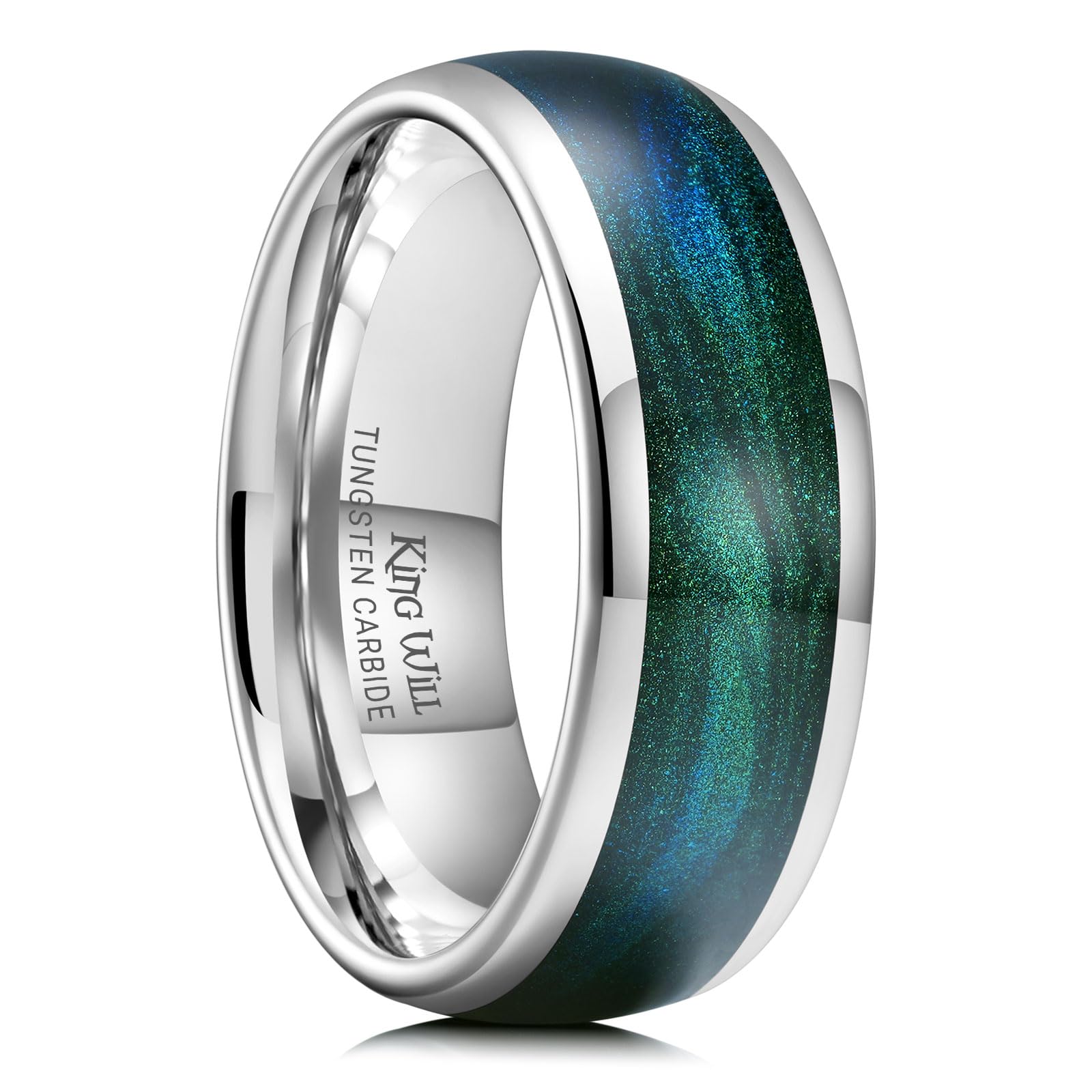 King Will Tungsten Carbide Rings For Men, 8mm Wedding Band Inlay Flow sand/Green Grass Agate, Dome High Polished - Suitable For Daily Wear, Comfort