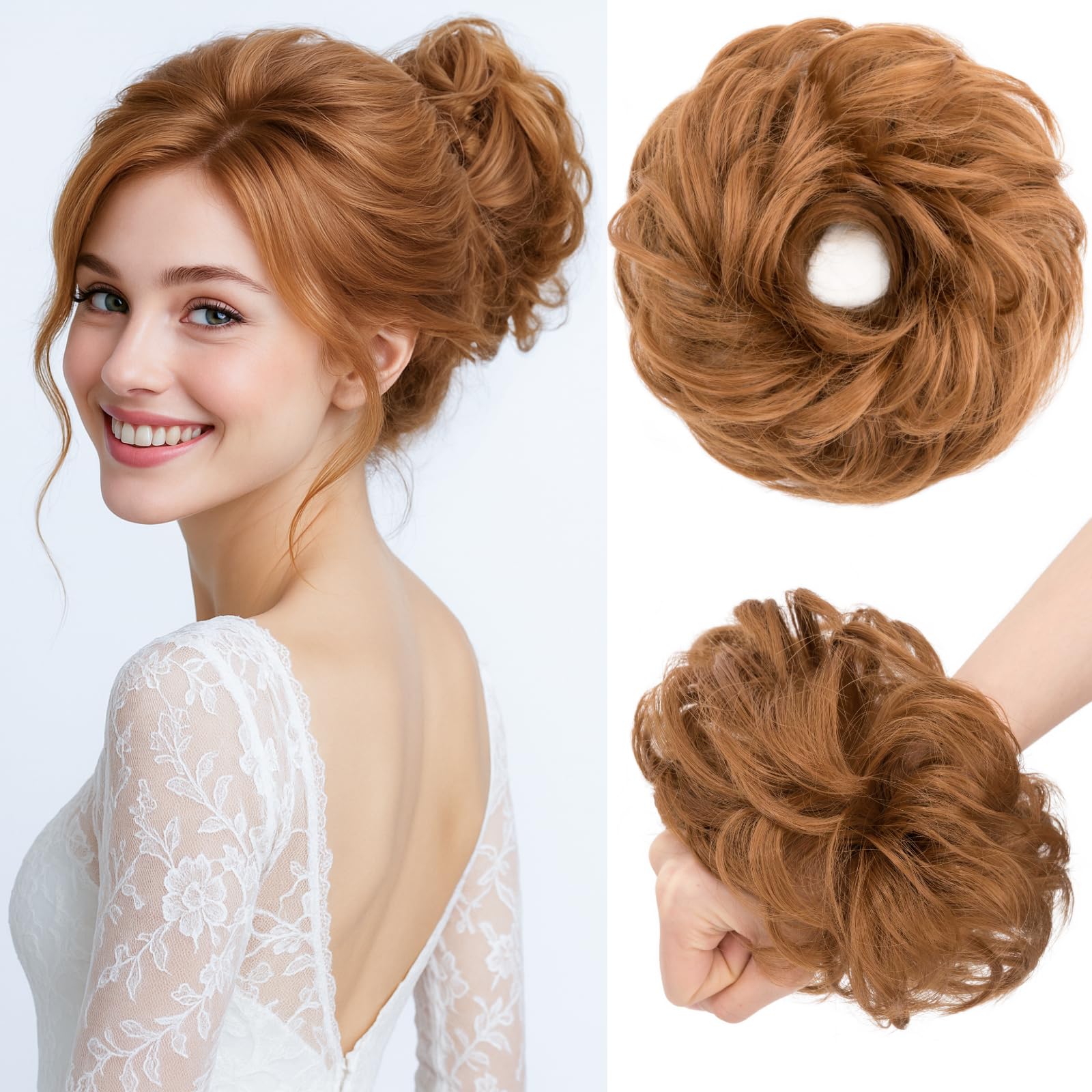 Benehair Messy Bun Hair Piece Curly Wavy Hair Scrunchies Messy Bun Scrunchie Synthetic Donut Updo Hair Pieces for Women Girls (Auburn