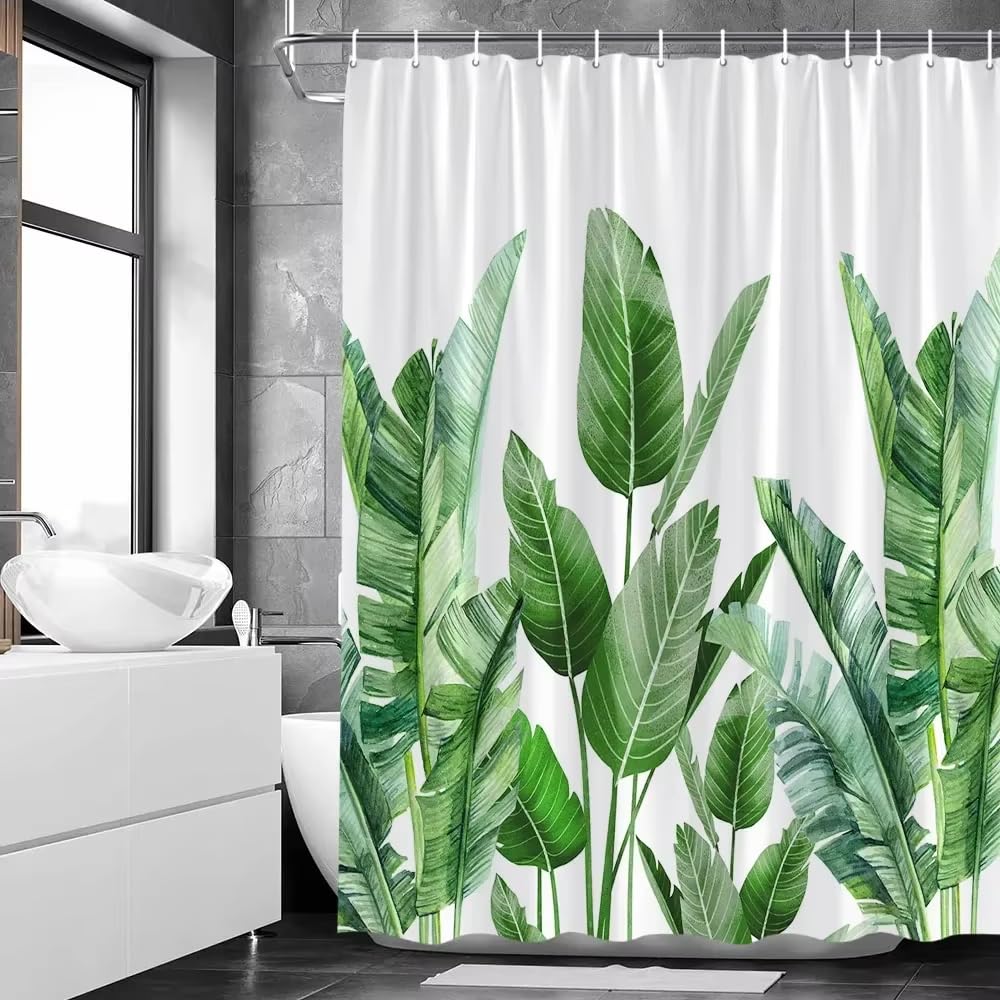 Cortina de Ducha 200x200 Hojas Tropicales,Diseño Nórdico Moderno de Bosque Verde,Plantas y Vegetación con Ganchos,Lavable a Máquina,para Bañera O Ducha,200Anx200Al cm (1 Panel).