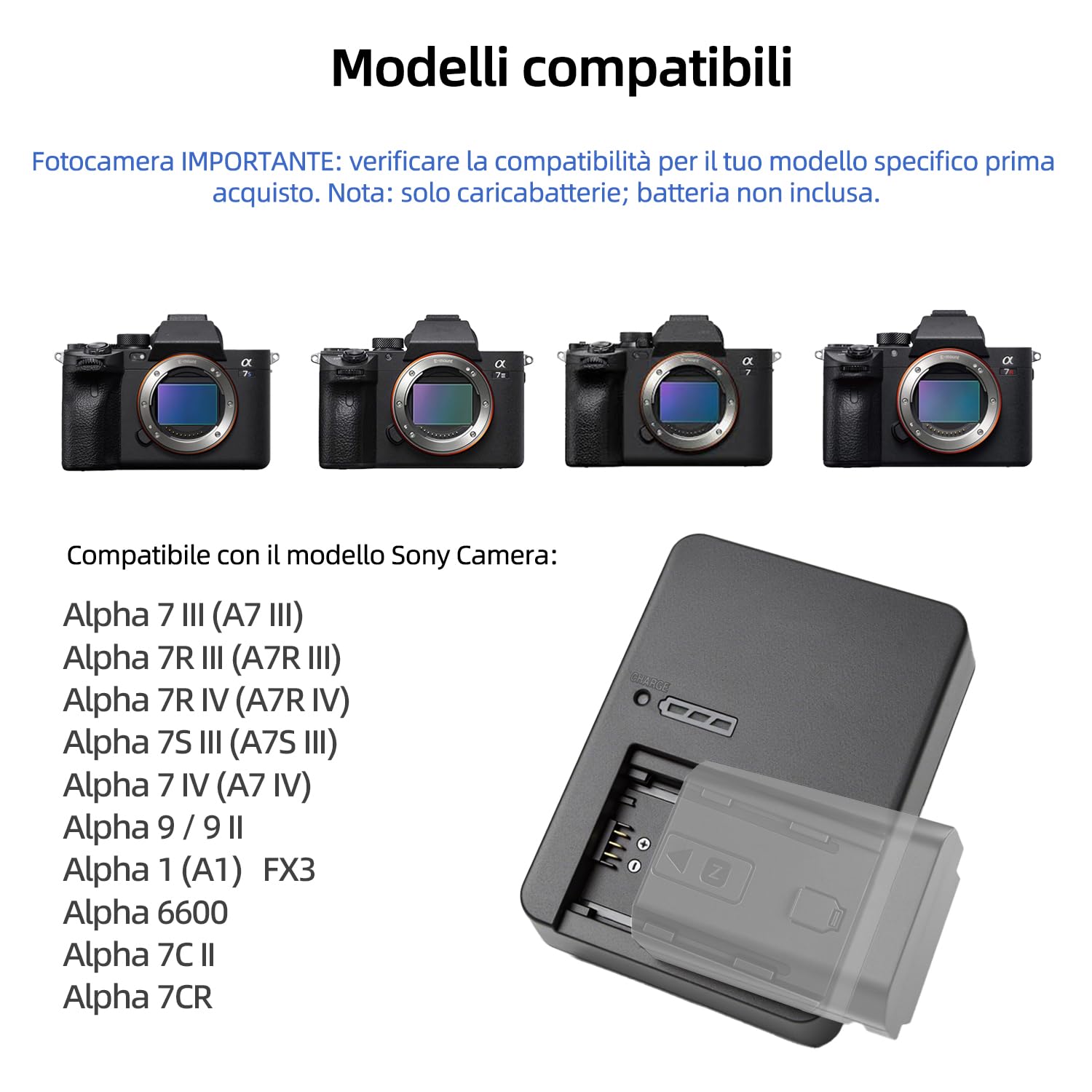 NP-FZ100 BC-QZ1 Caricabatterie Compatibile con Sony A7 IV A7 III | A7R V A7R IV A7R III A7C A7S III A9 II A6600 ZV-E10 II FX30