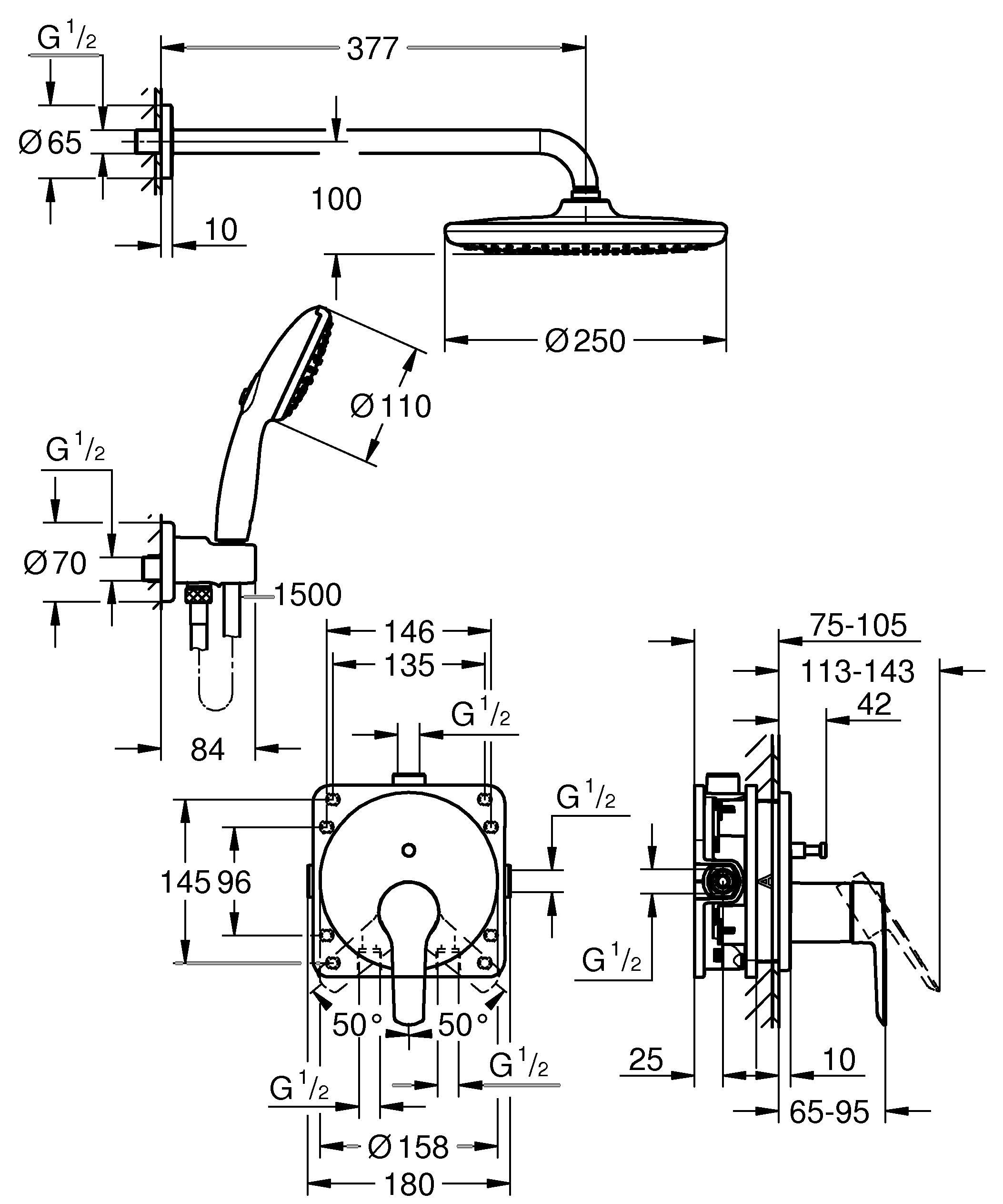 GROHE Start 250, Unterputz Duschsystem (25cm Regendusche mit Mischbatterie, Kopfbrause 1 Strahlart, Duschkopf 2 Strahlarten, Komplettset mit 1,50m Duschschlauch und Wandanschluss) rund, chom, 25292000