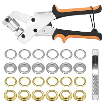 3/8 Inch 10mm Grommet Tool Kit Heavy Duty Handheld Grommet Press Pliers Easy and Safe to Punch Eyelet Hole Eyelet Plier with 500pcs Golden Grommets for Fabrics, Canvas, awnings