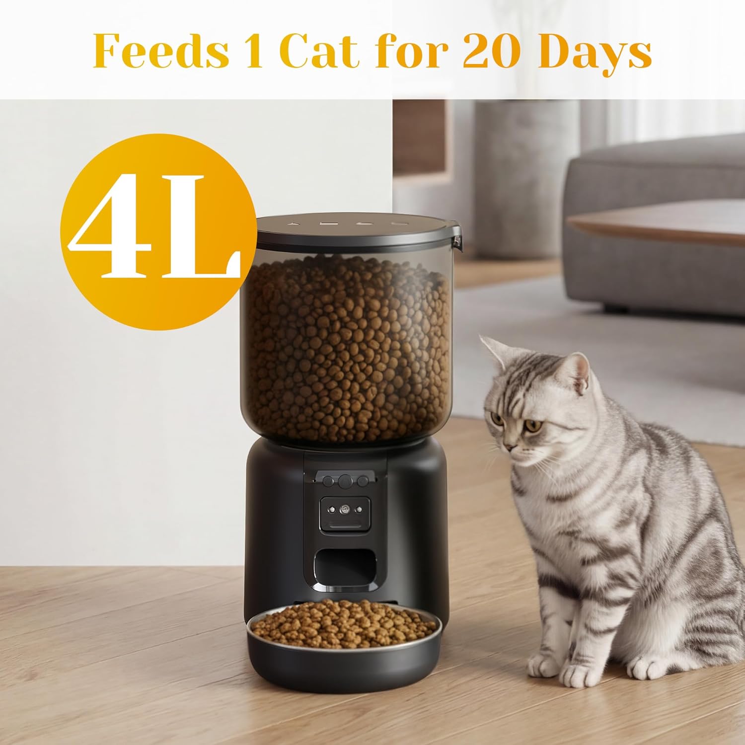 Automatic Cat Feeder with 2K HD Camera, Automatic Dog Feeder with App Control via 2.4G/5G WiFi, Dual Power System & Voice Recording, 4L Food Dispenser for Cats and Small Dogs, Black