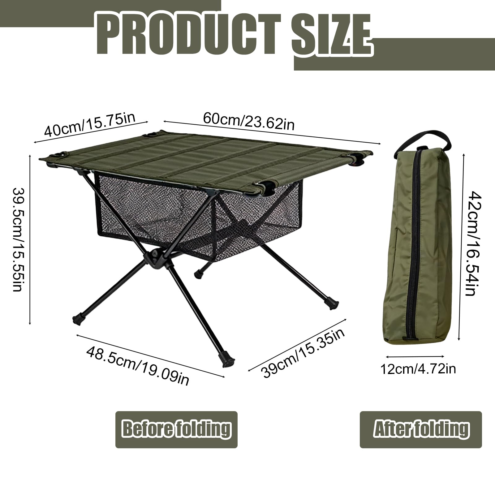 PORFOYO Campingtisch Klappbar, Camping Tisch Mit Tragetasche Und Netztasche, 60 X 40 X 39.5cm Klapptisch Camping, Campingtisch Faltbar Klein, Campings Klapptisch Für Picknick Wandern Reisen (Grün)