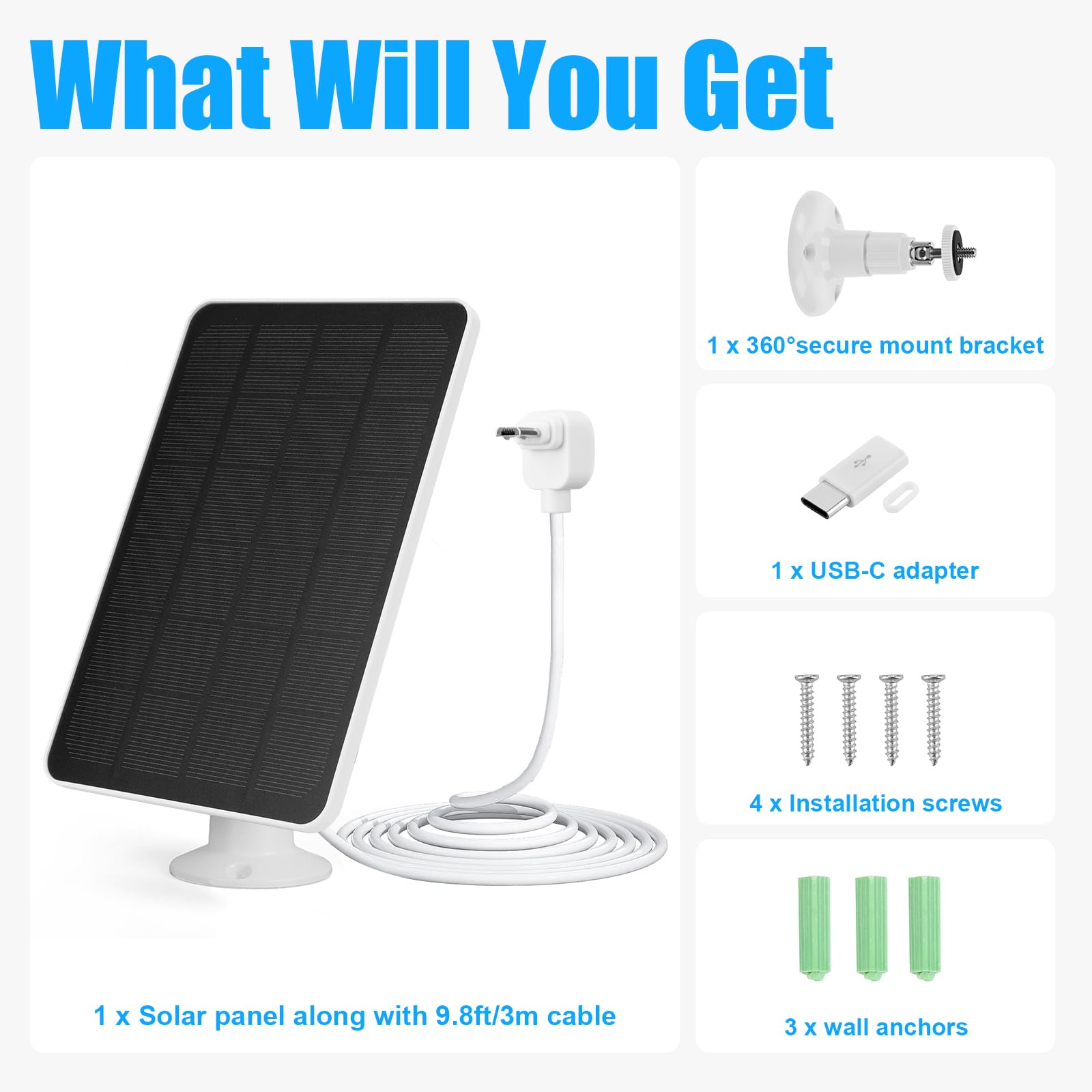 Caricatore per pannello solare compatibile con Arlo Essential Spotlight/XL Spotlight, caricatore per pannello solare Arlo Essential da 4 W/6 W, impermeabile con cavo micro USB da 3 m e