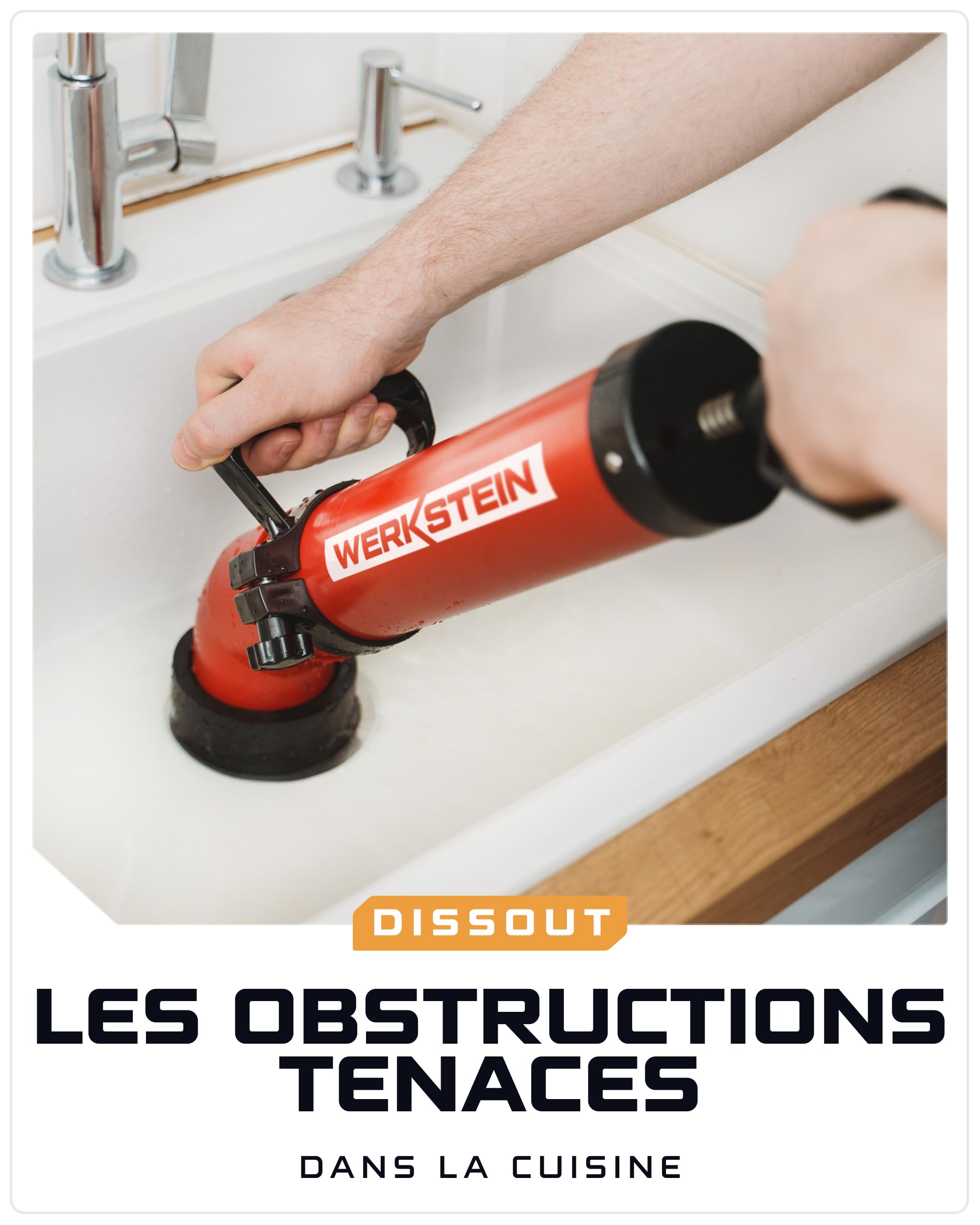 WERKSTEIN Pistolet à déboucher à air comprimé I Nettoyant déboucheur de haute qualité I Piston de pompe de vidange I Pour un nettoyage rapide et efficace des conduits I Avec 2 adaptateurs inclus