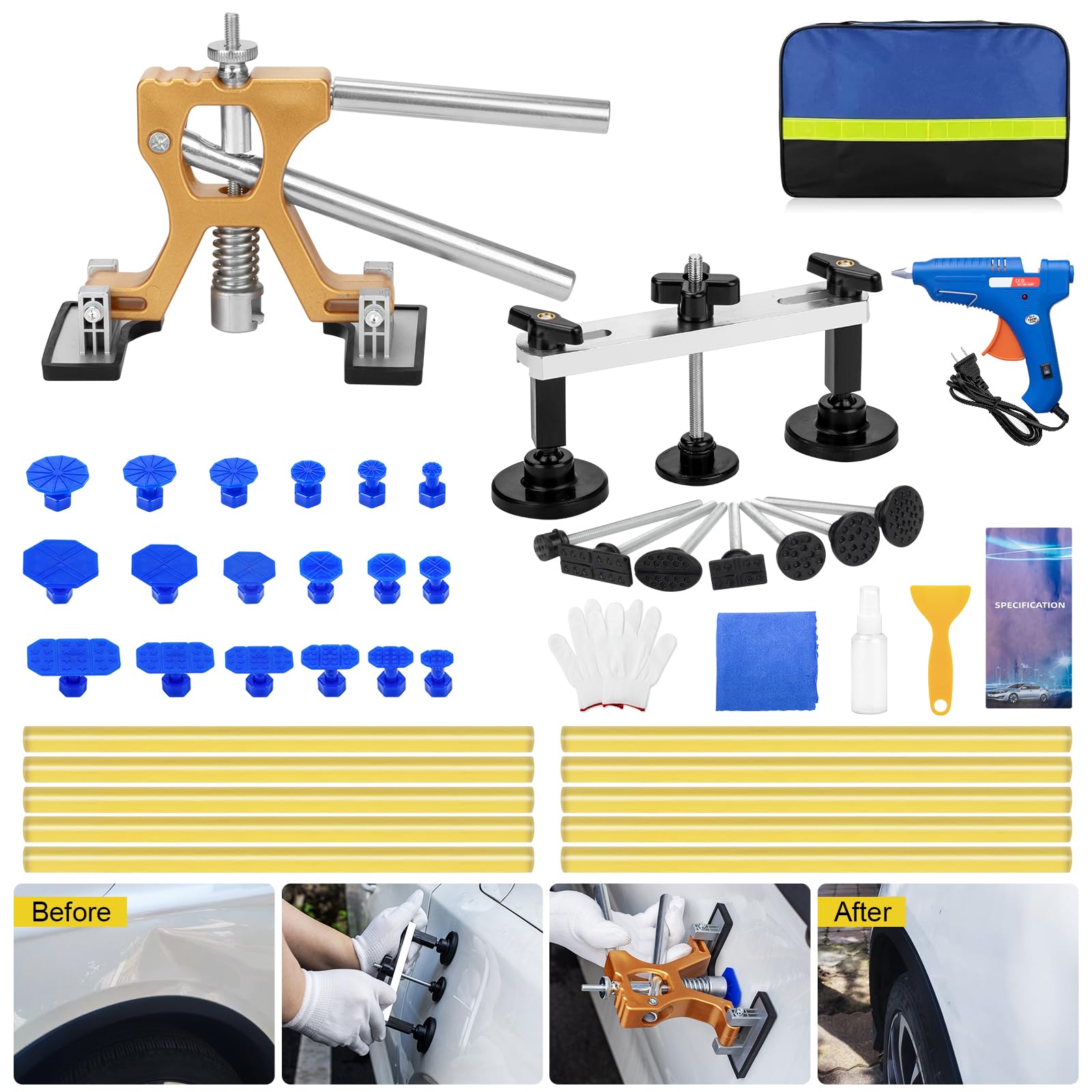 Car Dent Puller Kit, 45pcs Paintless Dent Remover Kit with Golden Dent Puller, Bridge Puller & 100W Glue Guη for Auto Body Dent Removal, Dent Pullers